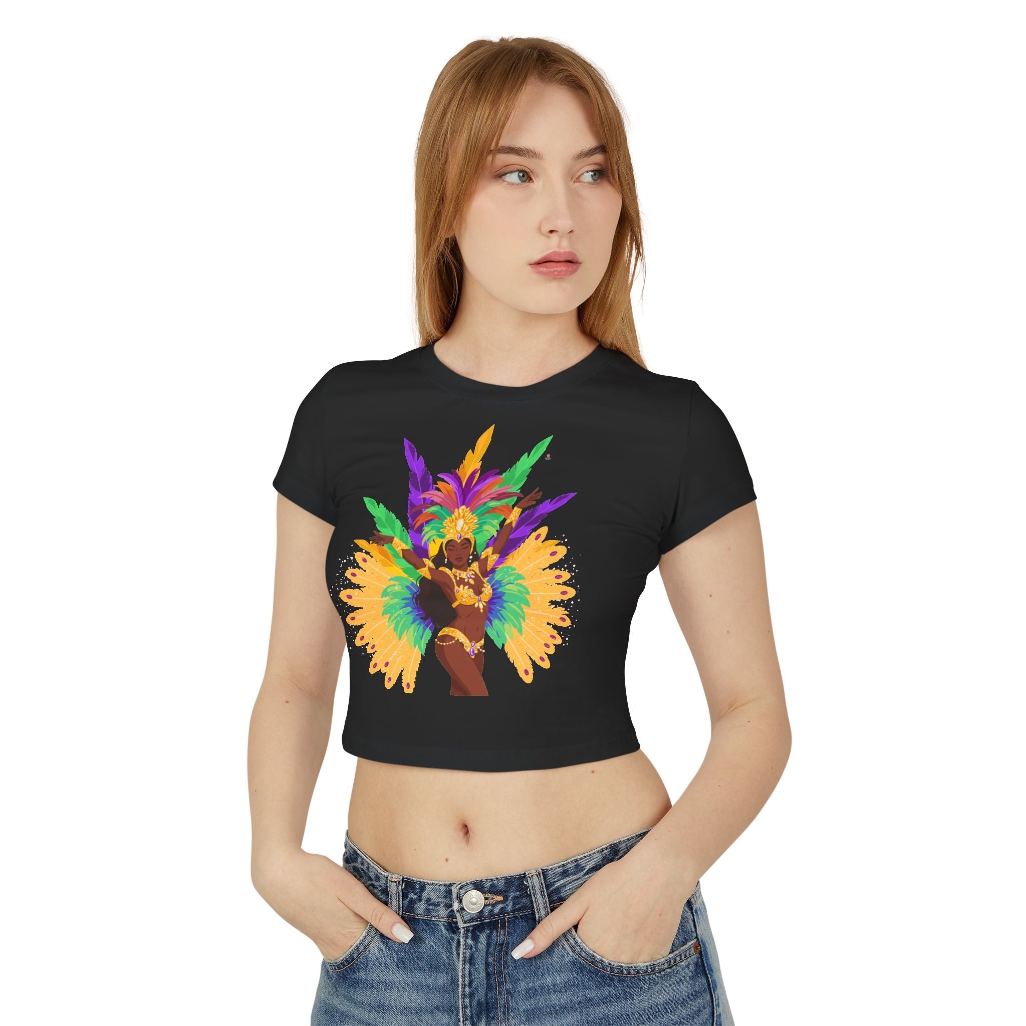 Woman wearing a black crop top with a colorful festive graphic design of a woman dress in a carnival outfit on a white background