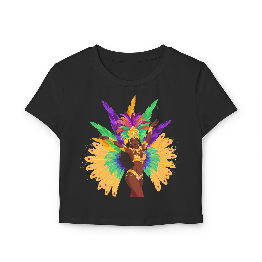 Black crop top with a colorful feathered dancer design on a white background