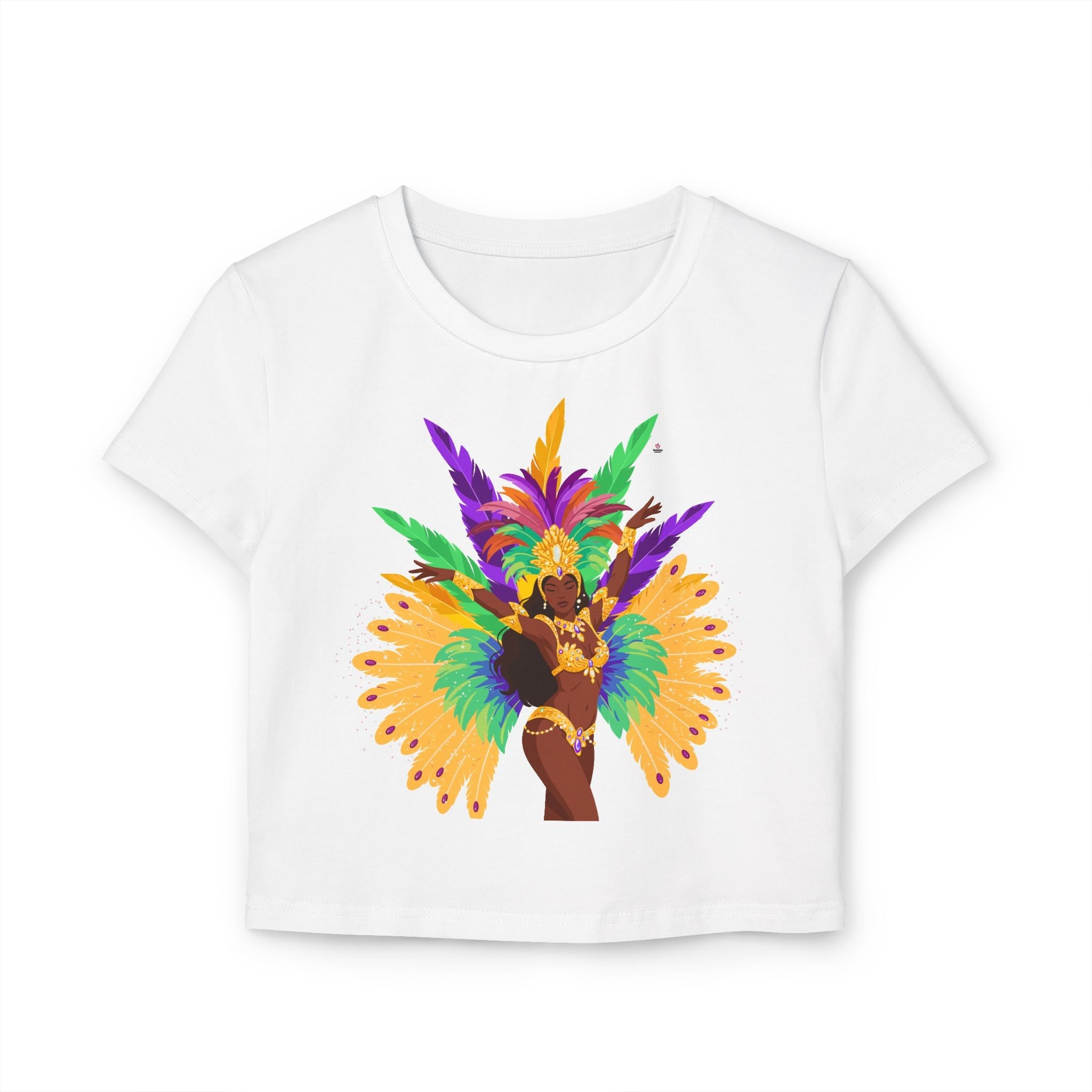 Carnival Queen Crop Tee — Colorful Feather Samba Costume Graphic Baby Tee by Relatable Designs