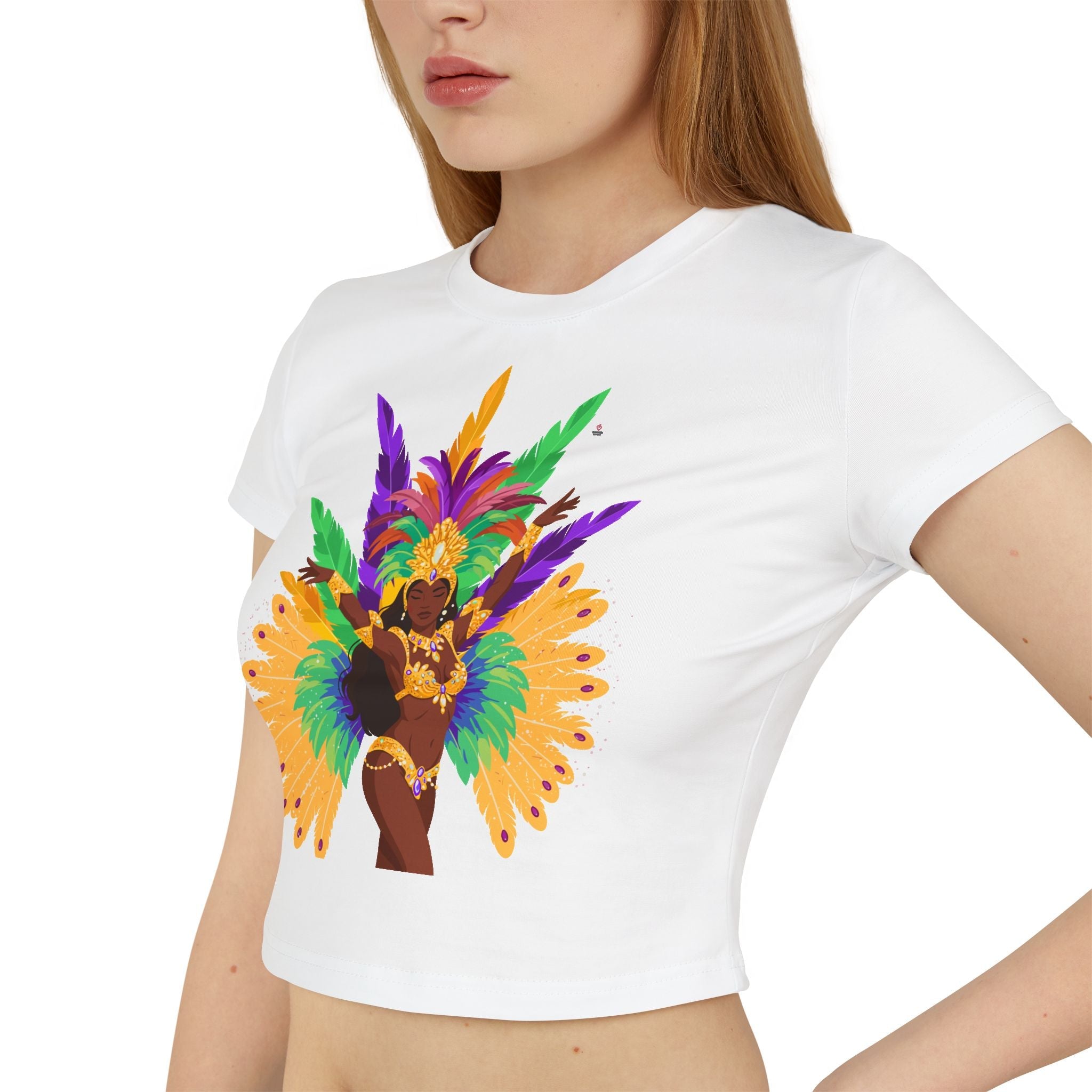 Close up view of white t-shirt with a colorful design of a woman in a vibrant costume on a white background
