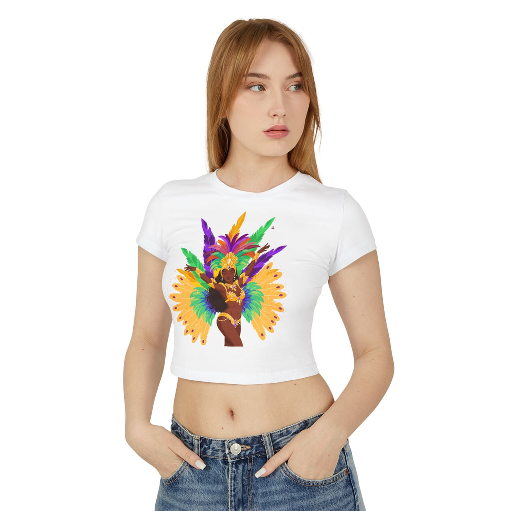 Woman wearing a white crop baby top with a colorful carnival design on a white background