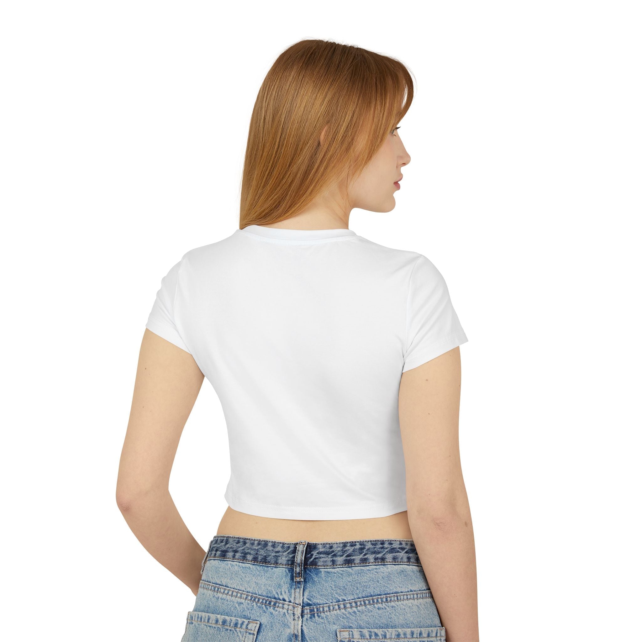 Woman wearing a white crop top and blue jeans on a white background for graphic feather carnival design - Back view.