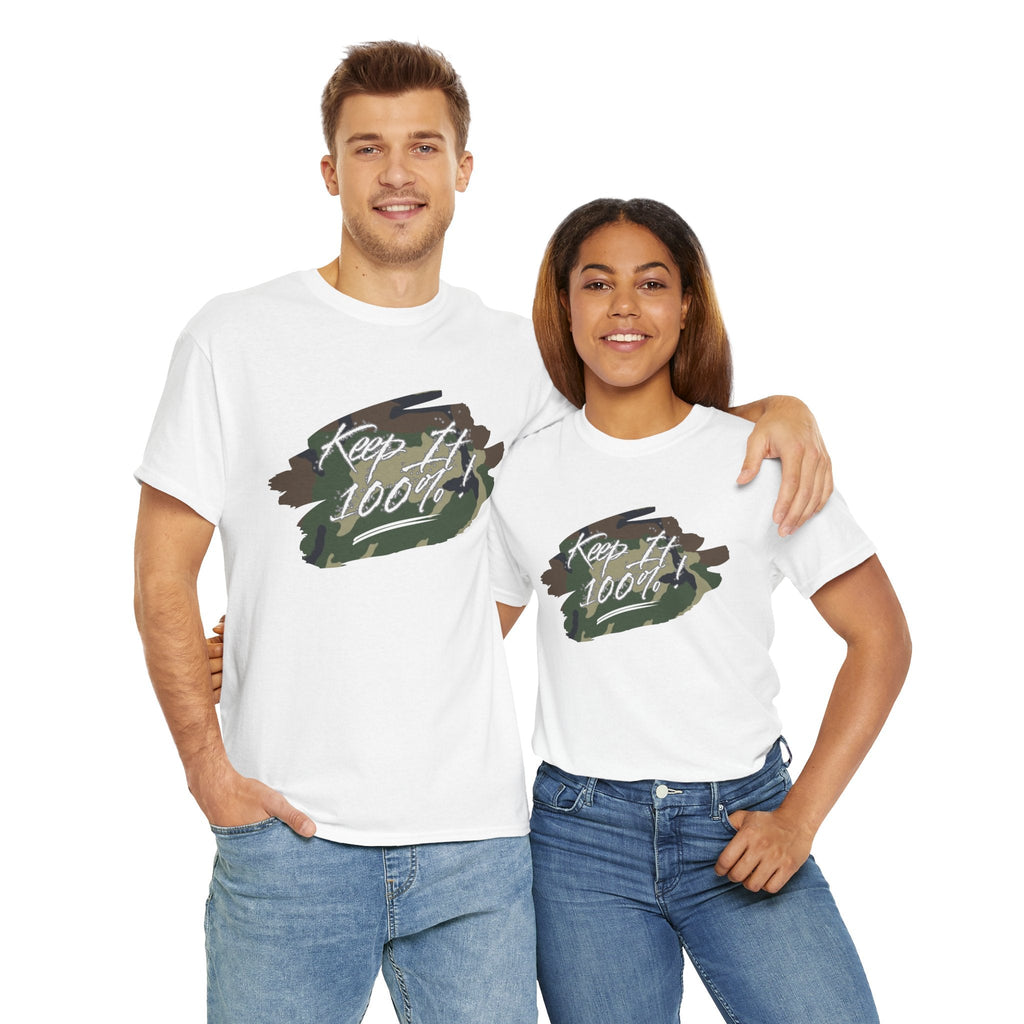 Two people wearing white t-shirts with 'Keep It 100%' text design on a white background.