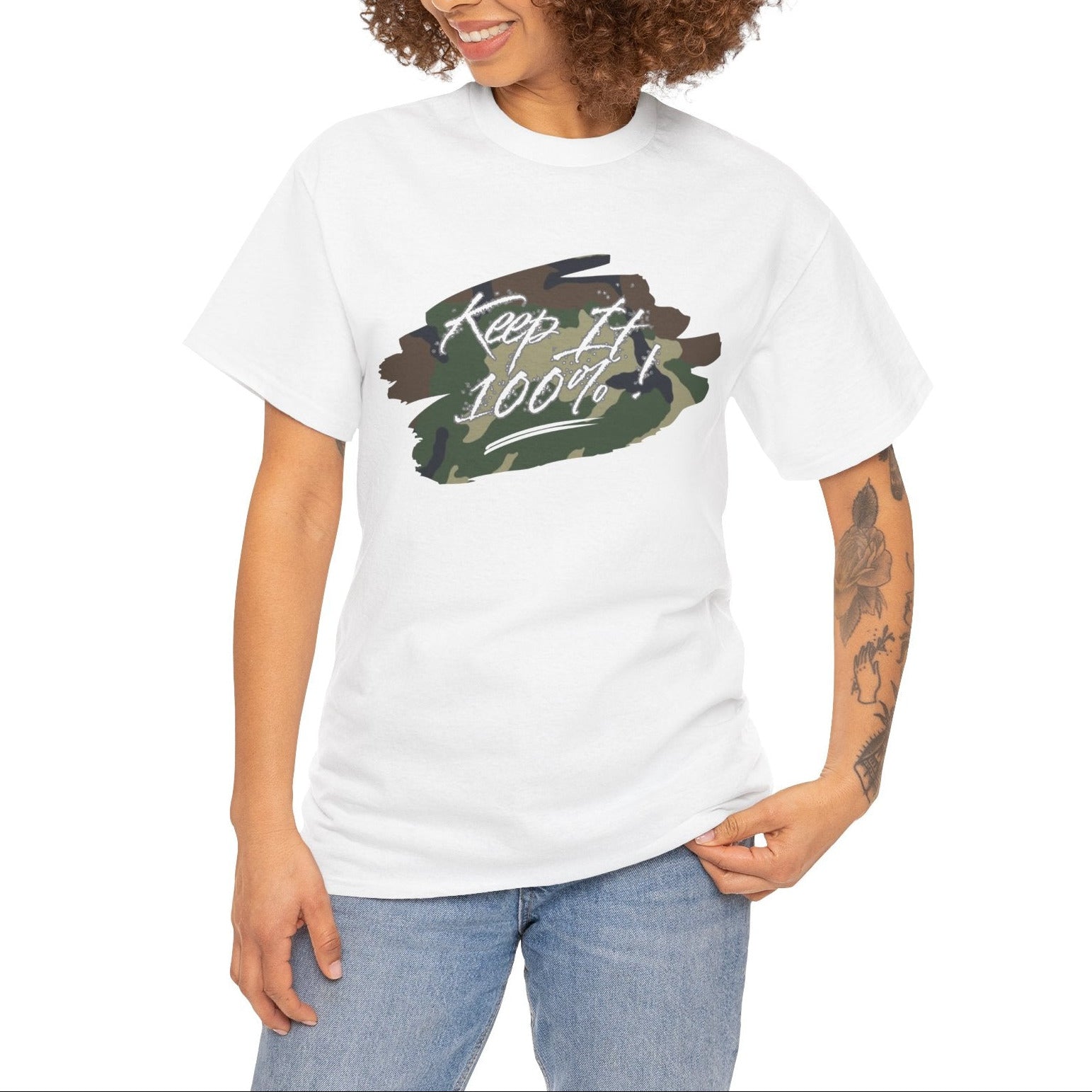 Woman wearing a white t-shirt with a graphic design and text 'Keep It 100%' on a white background.