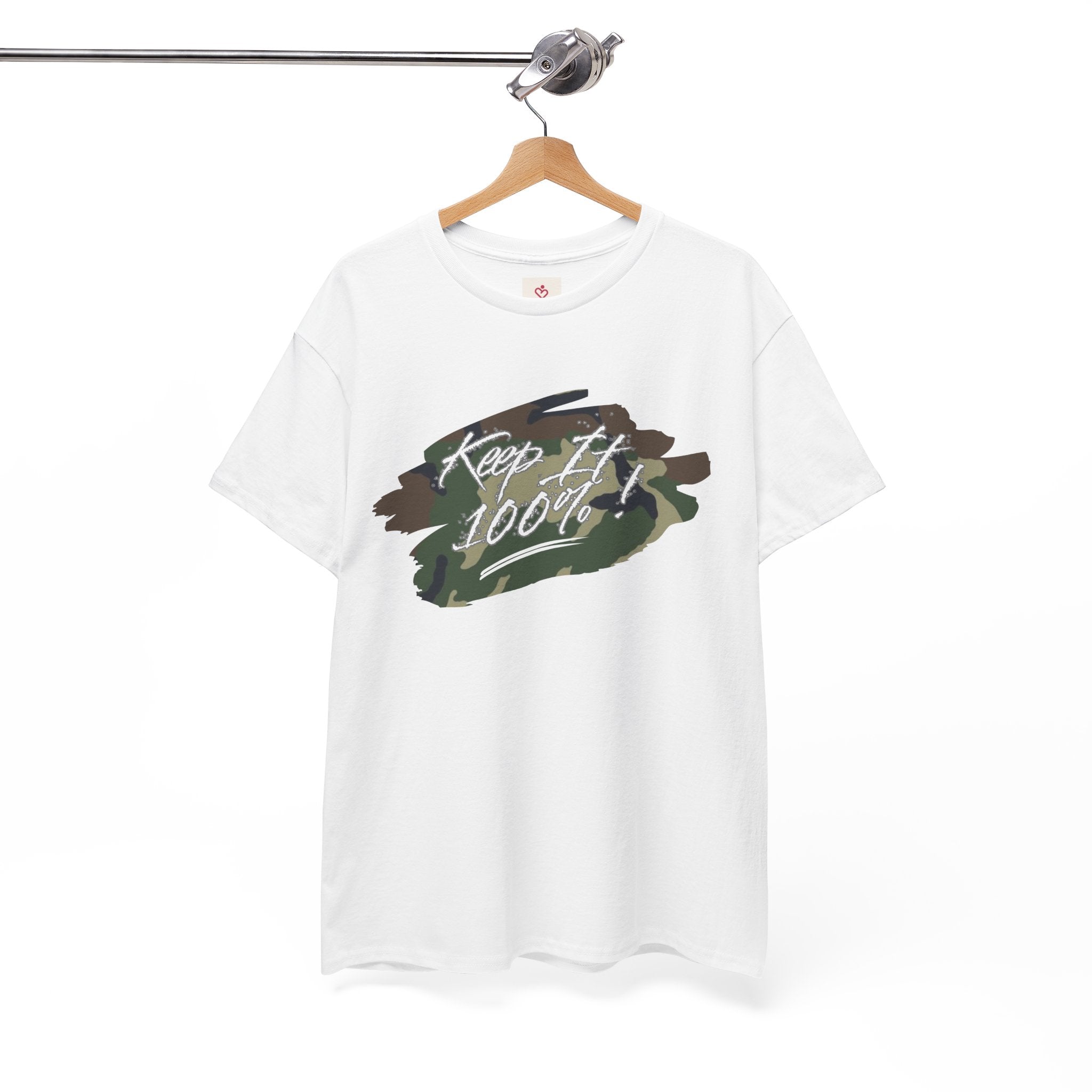 White t-shirt with green graphic and text 'Keep It 100%' on a hanger against a white background.