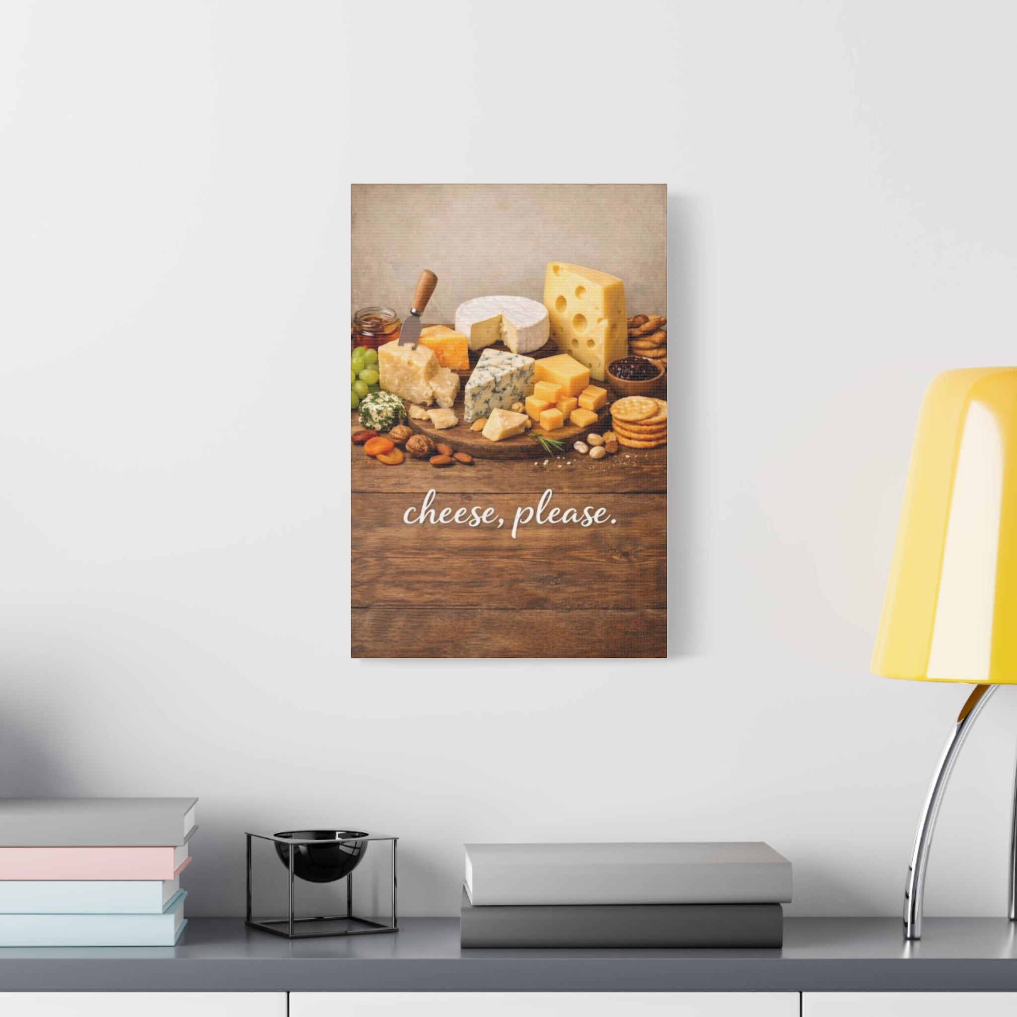 Canvas artwork of a cheese platter with 'cheese, please' text on a wall above a desk - 20X30