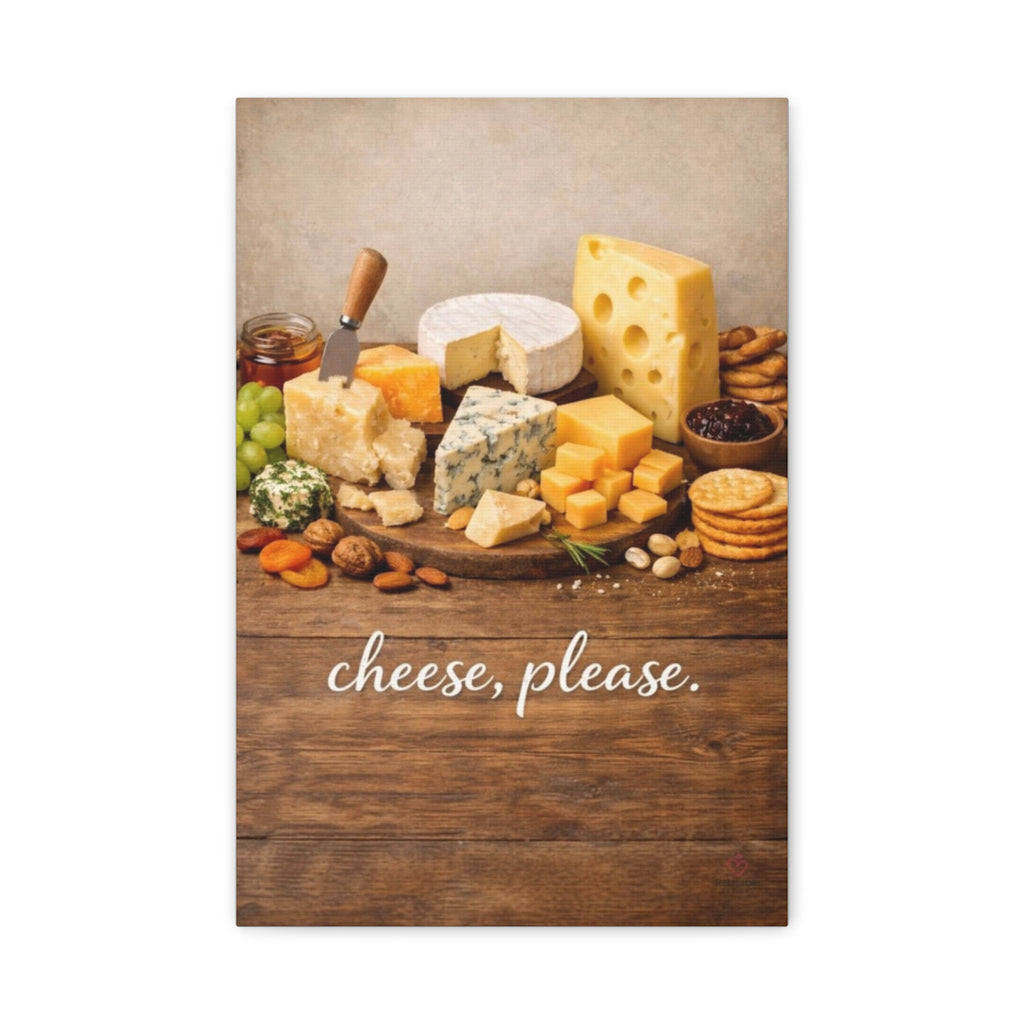 Wall art with a variety of cheeses on a wooden board and 'cheese, please' text by Relatable Designs. 