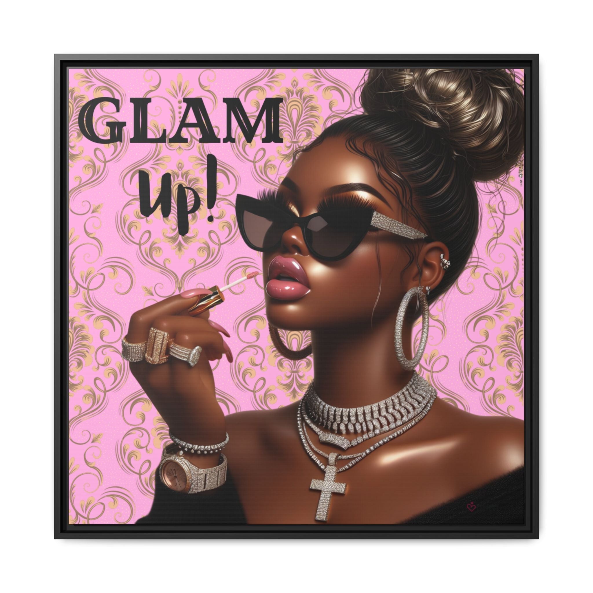 Framed artwork of woman with glamorous accessories on a pink background with text by Relatable Designs. 