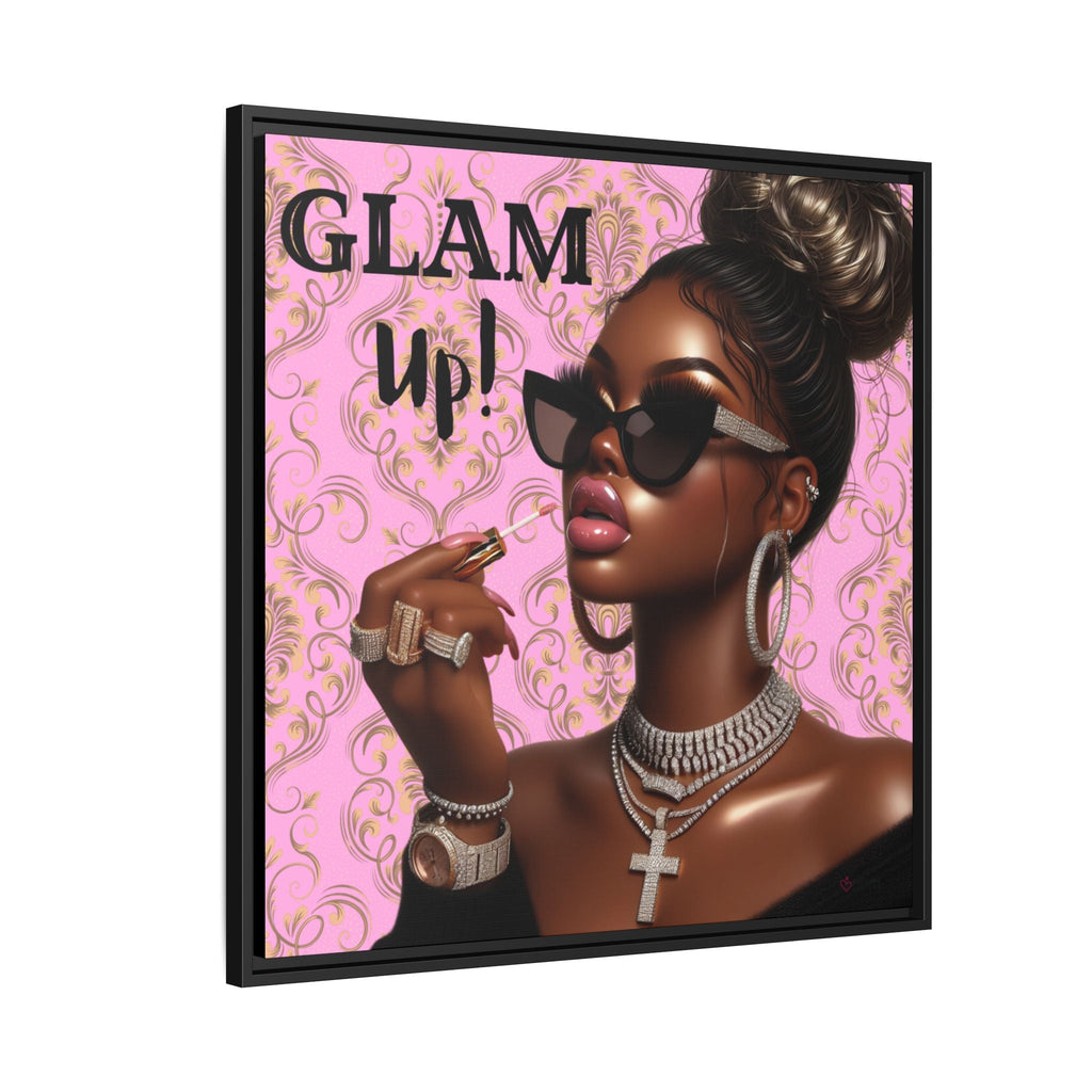 Framed artwork of a woman with sunglasses and jewelry on a pink background with 'GLAM UP!' text.