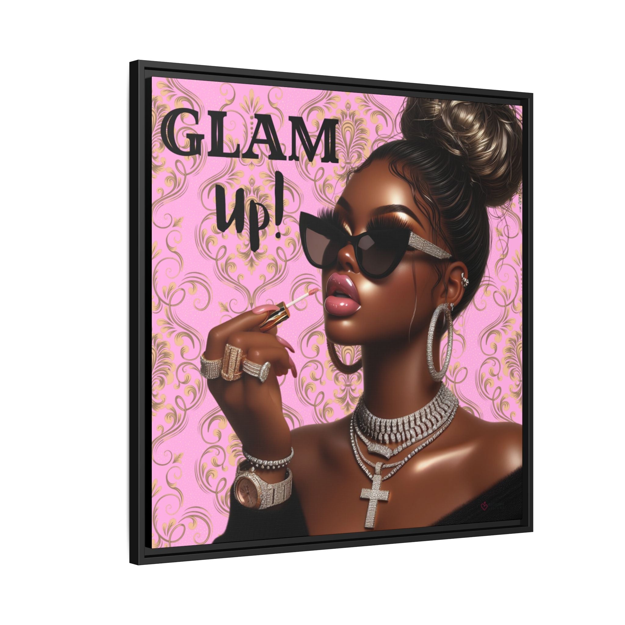 Framed artwork of a woman with sunglasses and jewelry on a pink background with 'GLAM UP!' text.