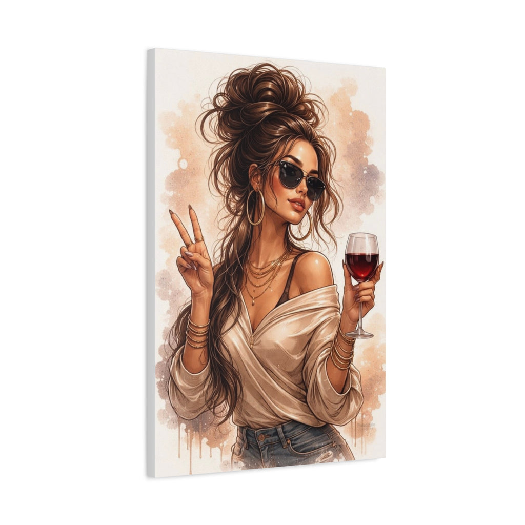 Canvas print of a stylish woman holding a glass of wine and making a peace sign on a white background