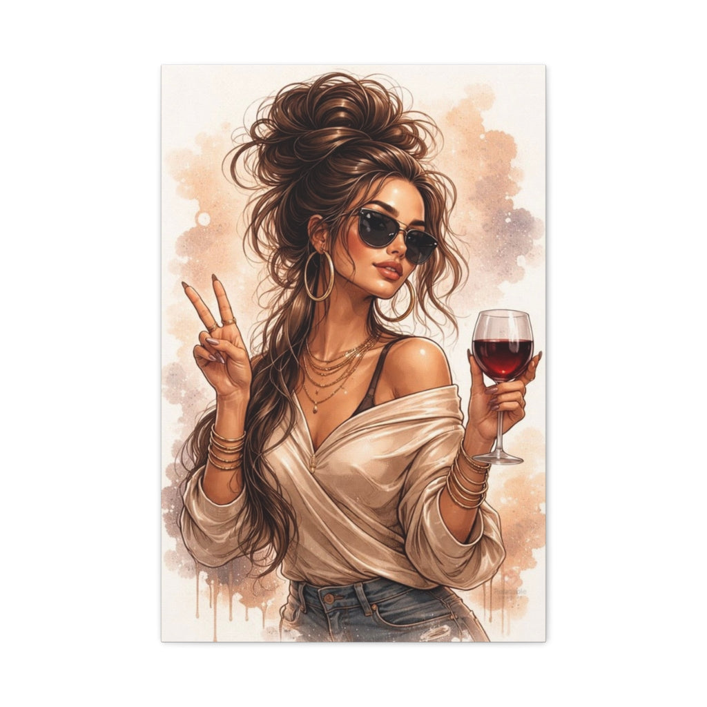 Modern glam wall art of stylish woman holding wine and peace sign, soft life aesthetic home decor by Relatable Designs. 