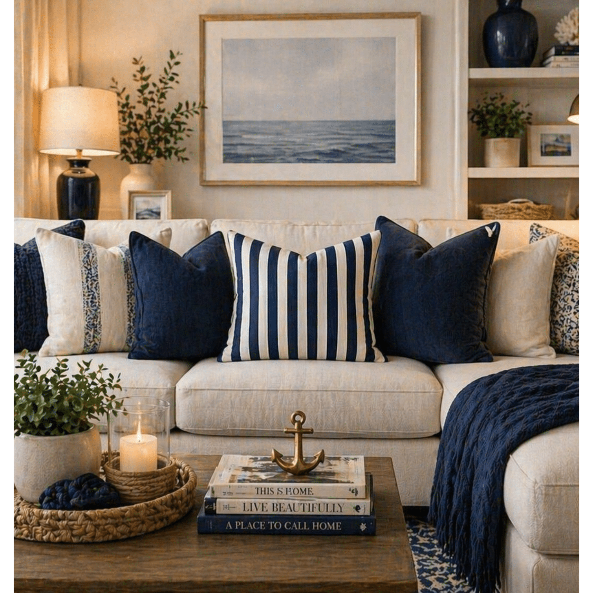 Navy striped throw pillow styled on a neutral sofa in a modern living room