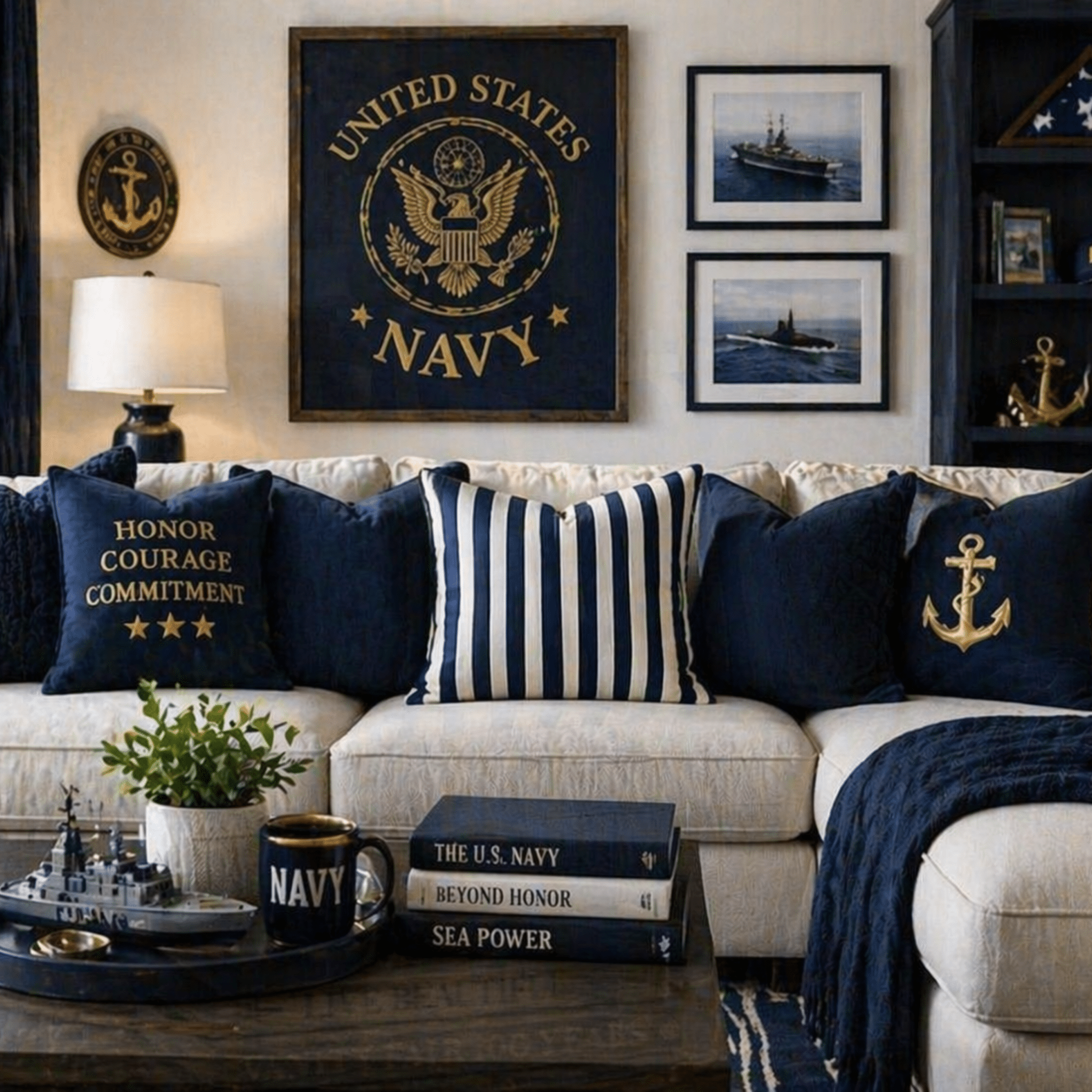 Navy-themed living room with decorative pillows and wall art.
