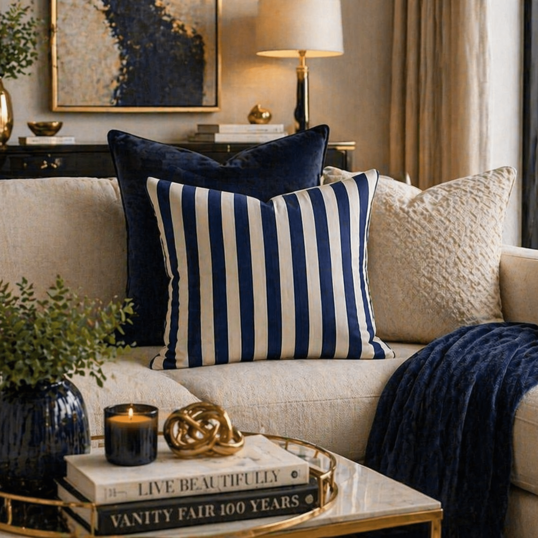 Vertical navy blue stripe pattern on soft faux suede decorative pillow cover