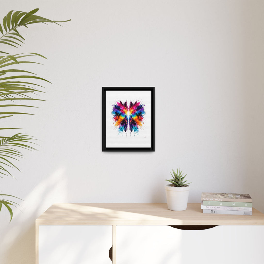 Framed colorful inkblot abstract art on a wall above a wooden desk with a plant and books - 11X14.