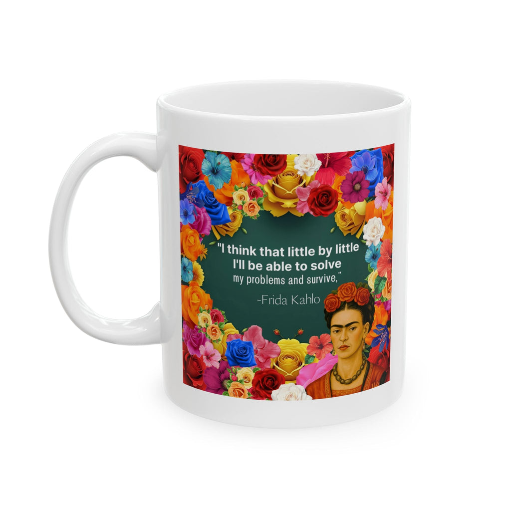 Left view. White mug with Frida Kahlo design, colorful flowers, and quote on a white background. 