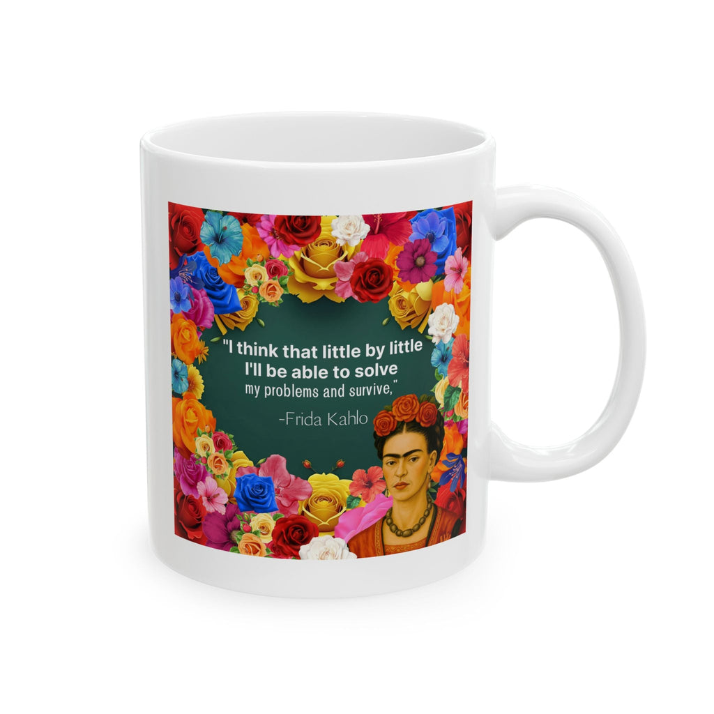 White mug with Frida Kahlo design and colorful flowers on a white background by Relatable Designs