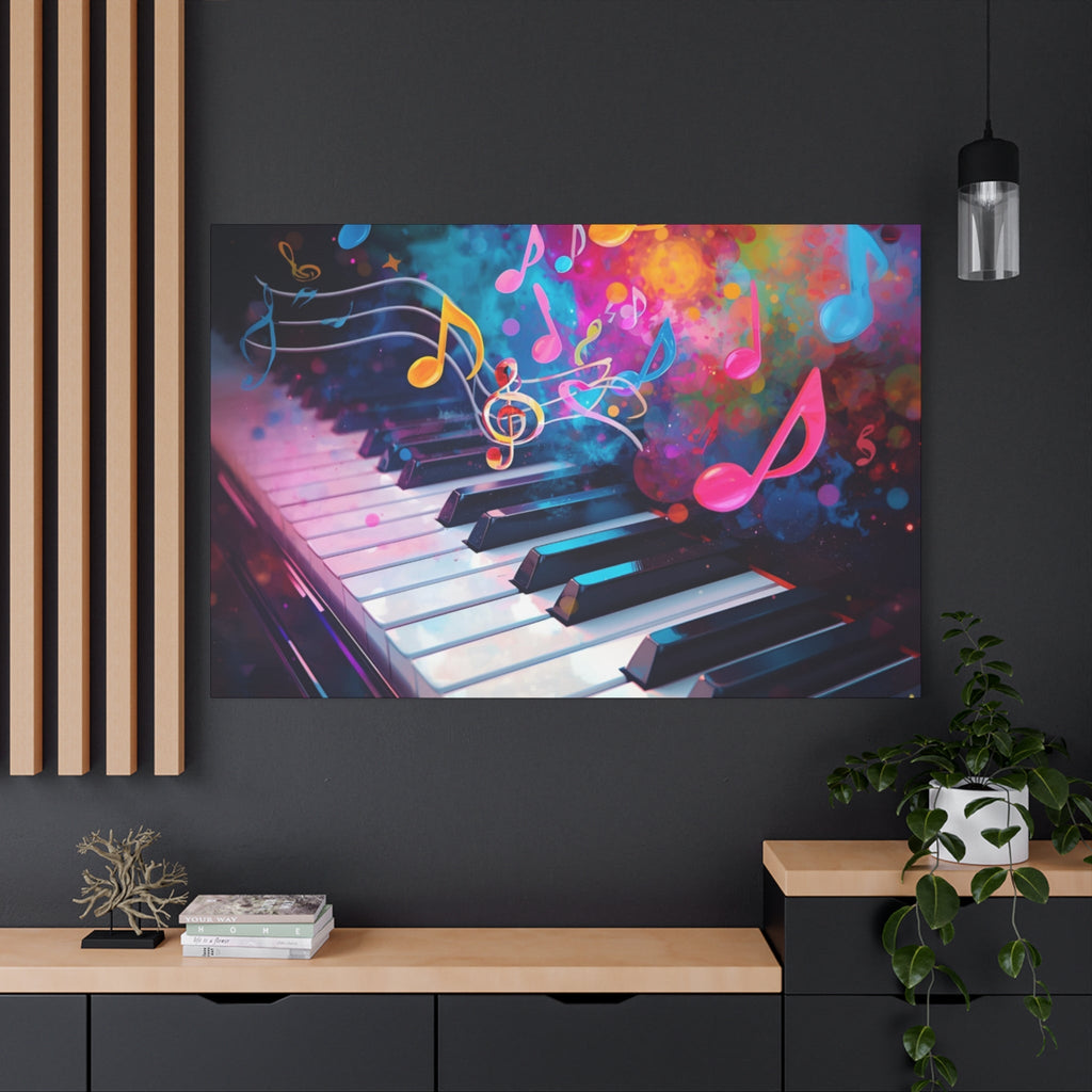 Colorful abstract painting of musical notes on a piano keyboard in a modern interior setting.