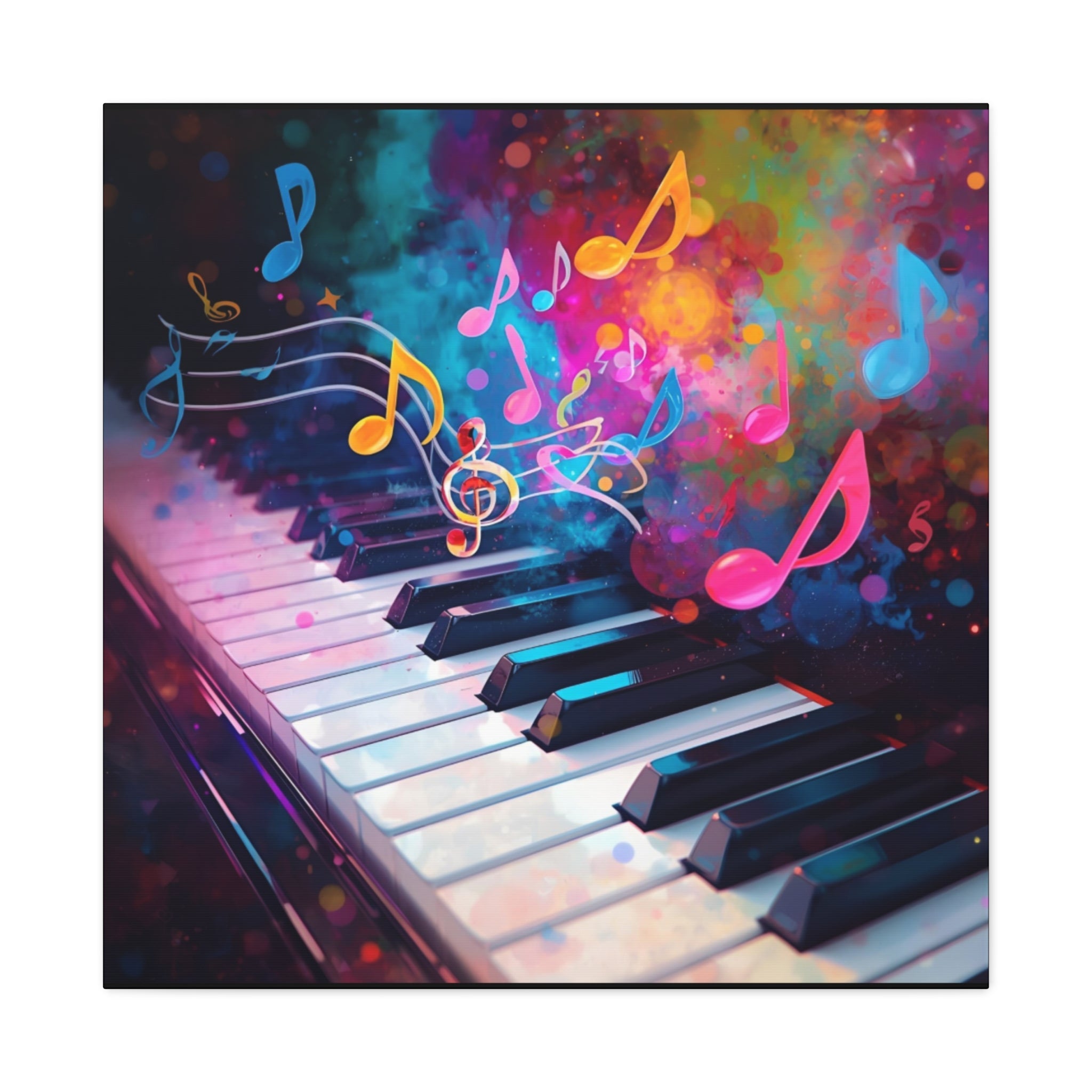 Colorful piano keys with musical notes on a vibrant background 30X30.