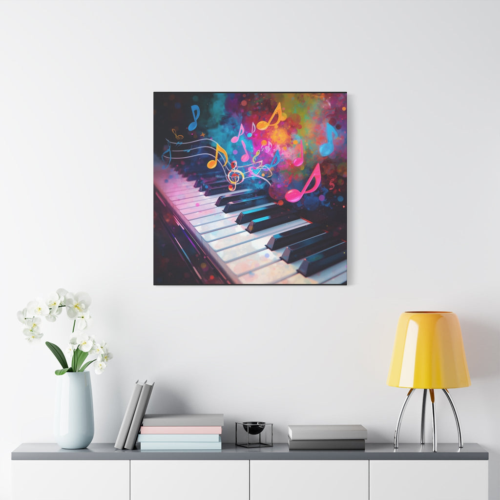 Colorful abstract painting of a piano keyboard with music notes above a white wall.