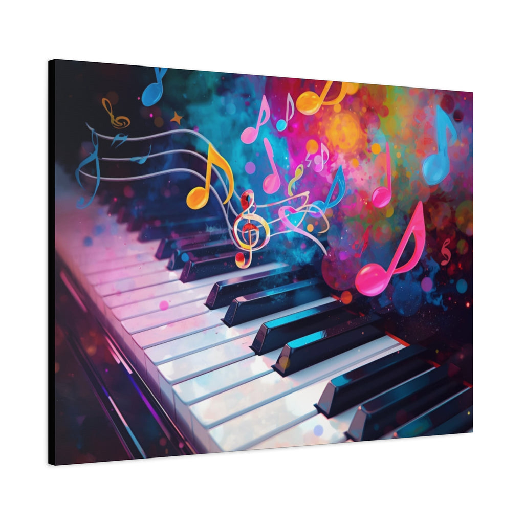 Colorful horizontal painting of a piano keyboard with musical notes.