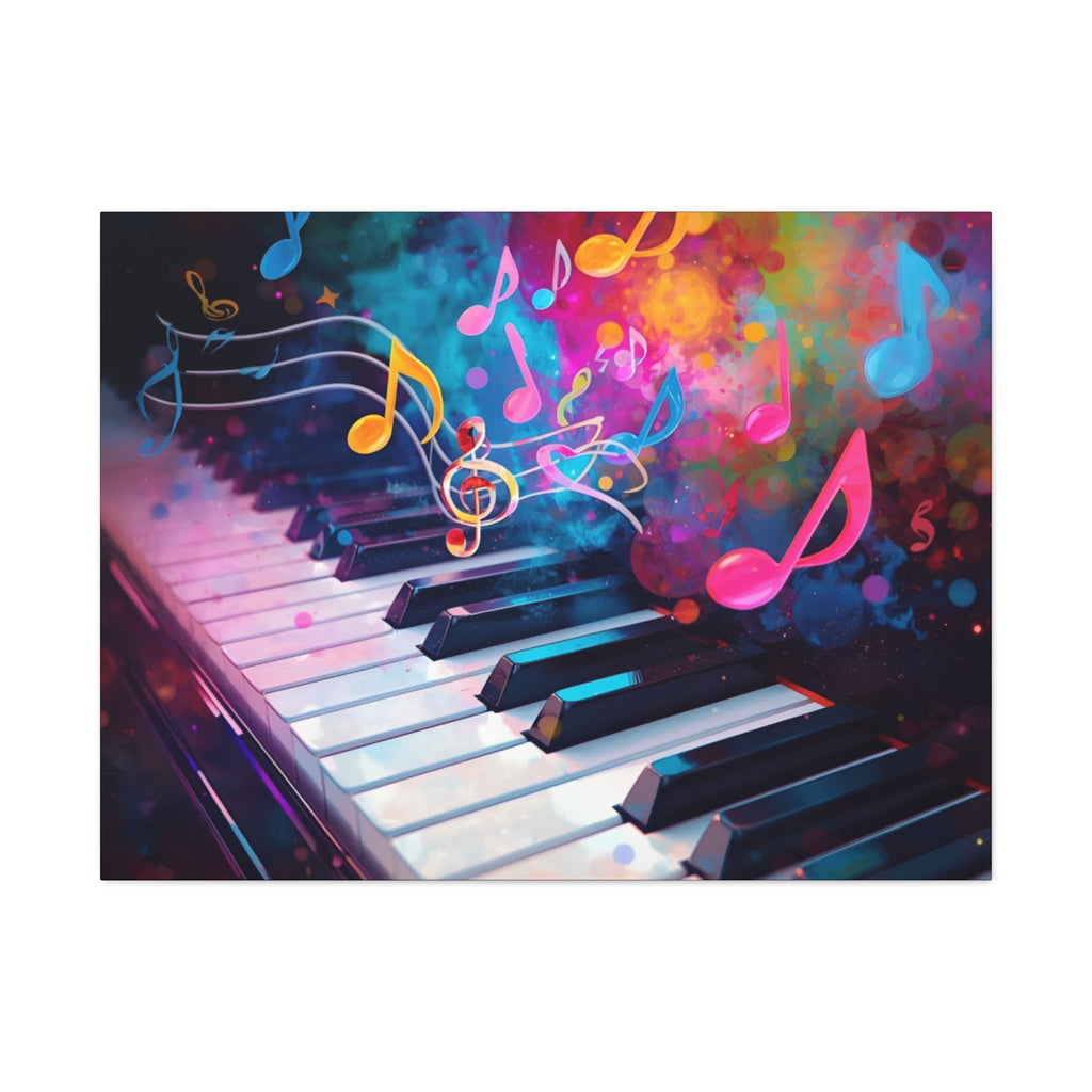 Colorful musical notes on a piano keyboard with a vibrant background by Relatable Designs.