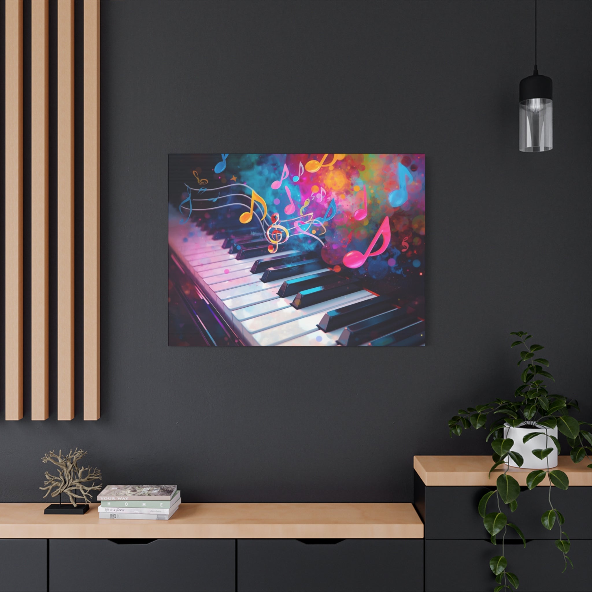 Colorful painting of a piano keyboard with musical notes on a dark wall.