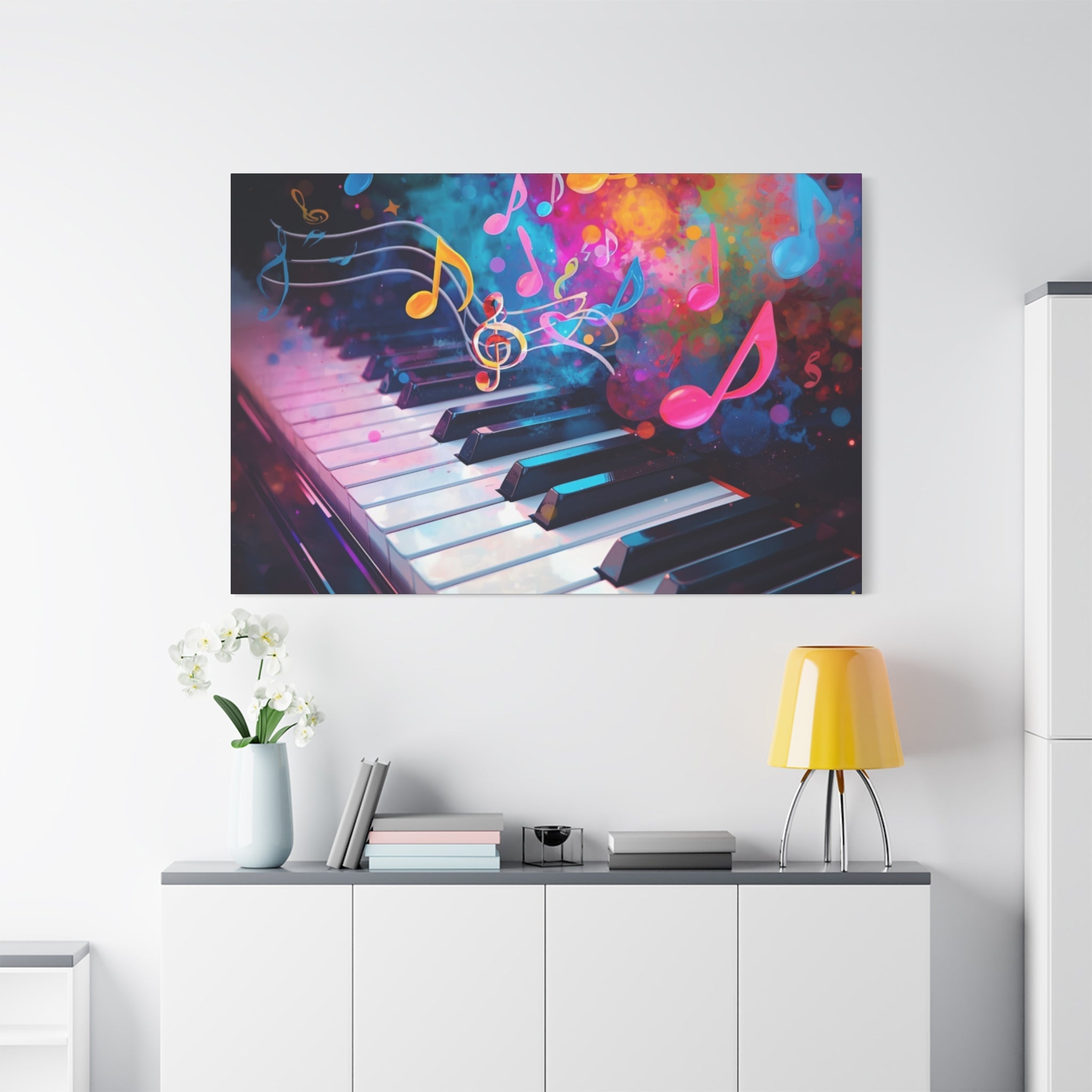 Colorful horizontal abstract painting of piano keys and music notes on a wall above a white cabinet.