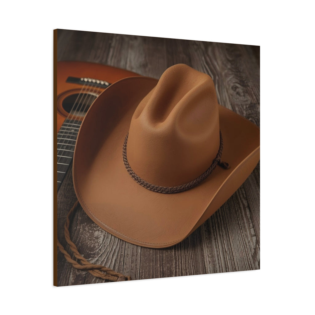 Brown western cowboy hat on a wooden surface with an acoustic guitar.