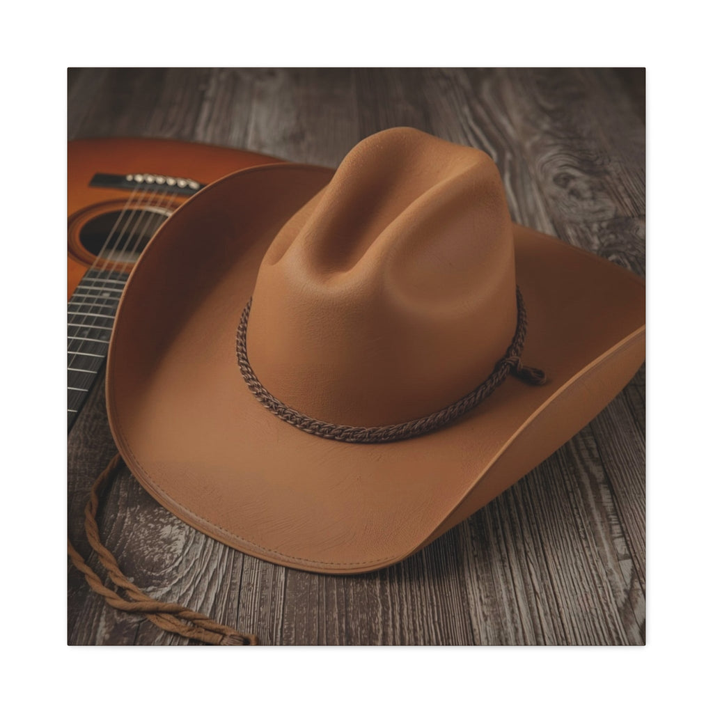 Brown cowboy hat with a rope on a wooden surface next to an acoustic guitar by Relatable Designs. 