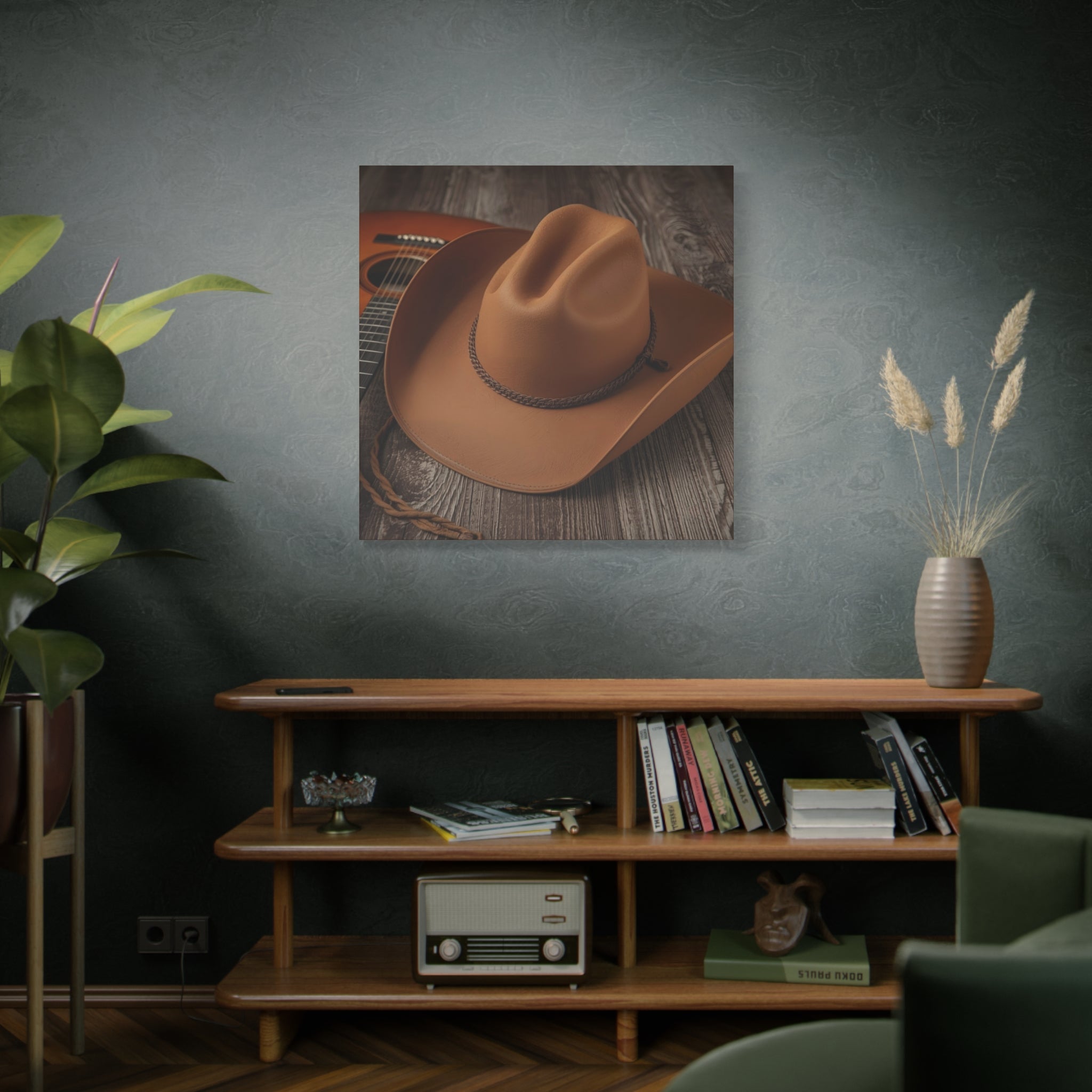 Cavalry hat on a guitar with a plant and shelf in the foreground.