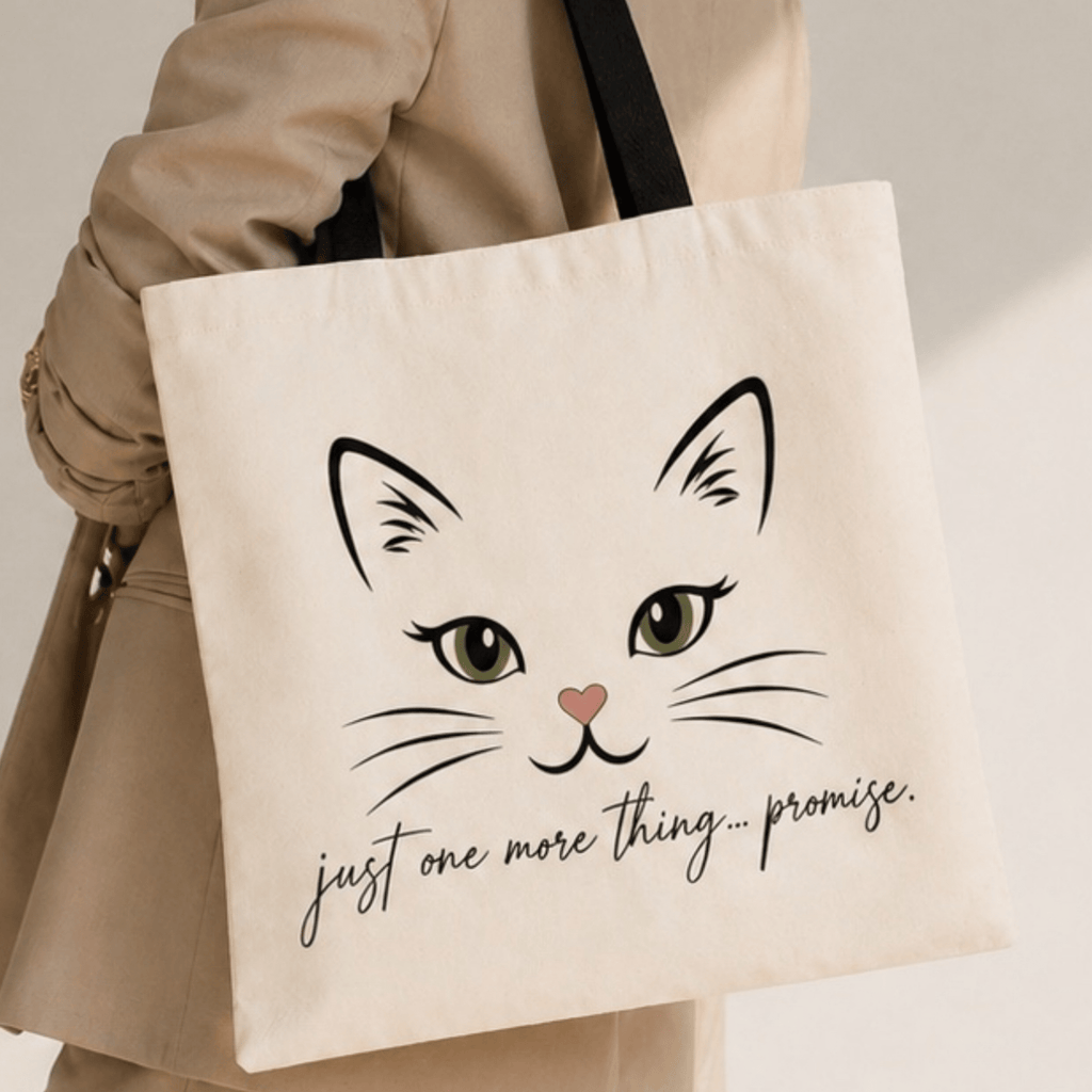 Minimalist cat face tote bag with quote just one more thing promise by Relatable Designs.