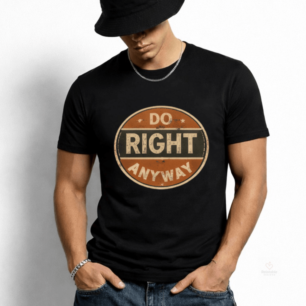 Male model  wearing a black t-shirt with 'Do Right Anyway' text and print on a plain background by Relatable Designs.