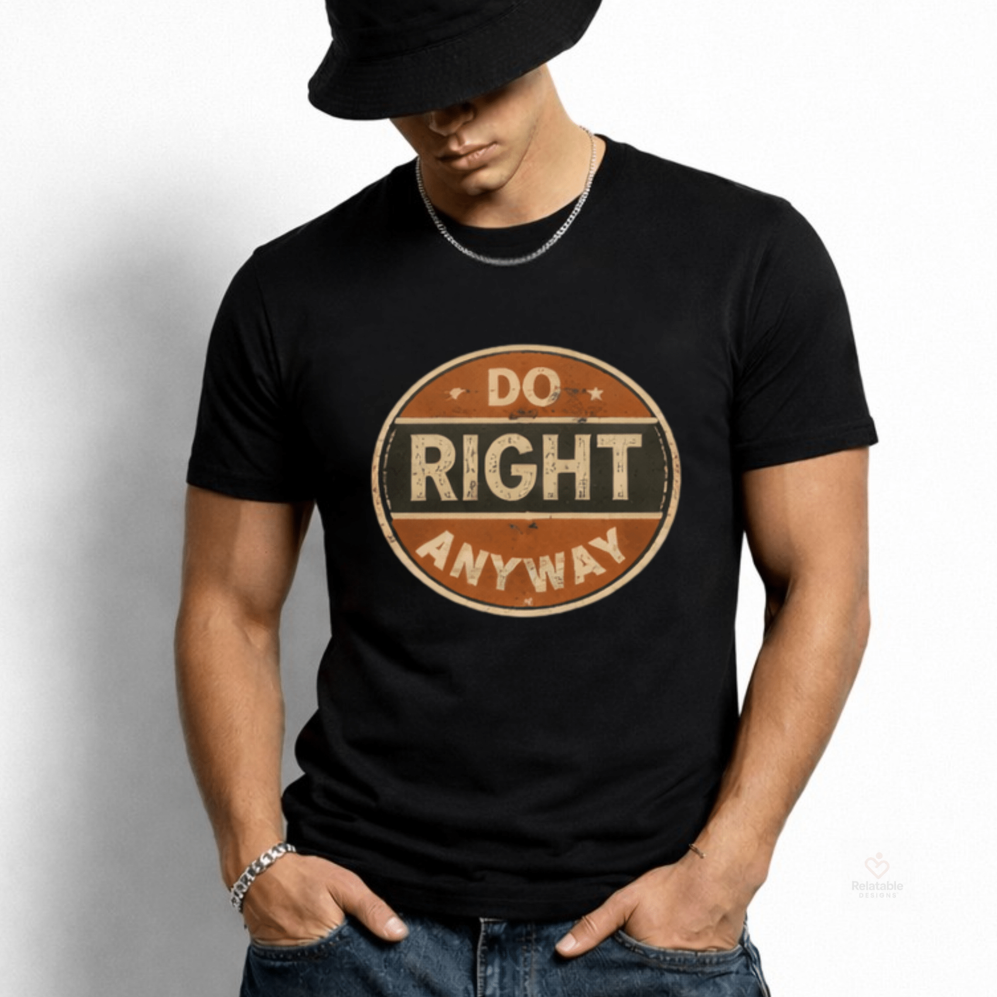 Male model  wearing a black t-shirt with 'Do Right Anyway' text and print on a plain background by Relatable Designs.