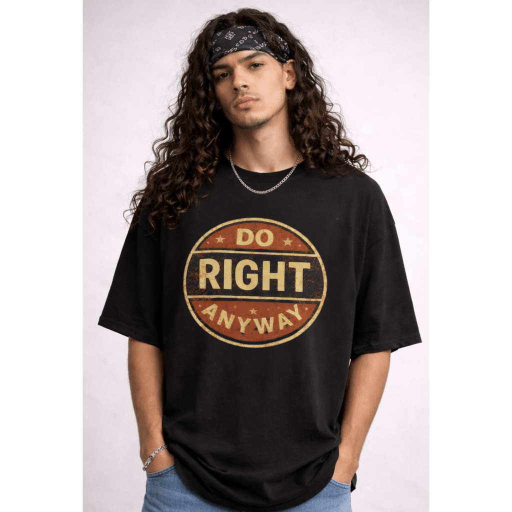 Young man wearing a black t-shirt with 'Do Right Anyway' text on a white background