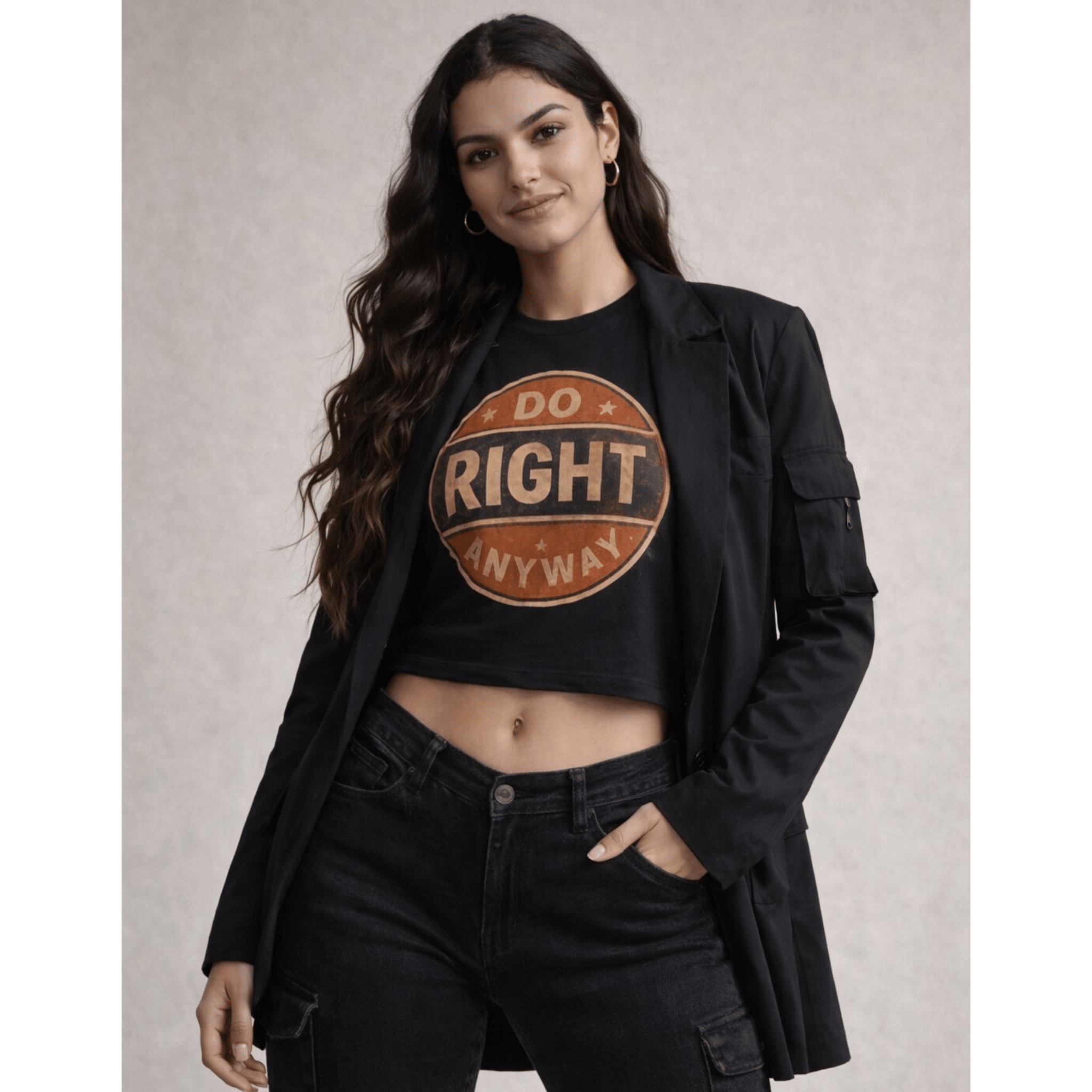 Woman wearing a black crop top with 'Do Right Anyway' text and black pants against a neutral background