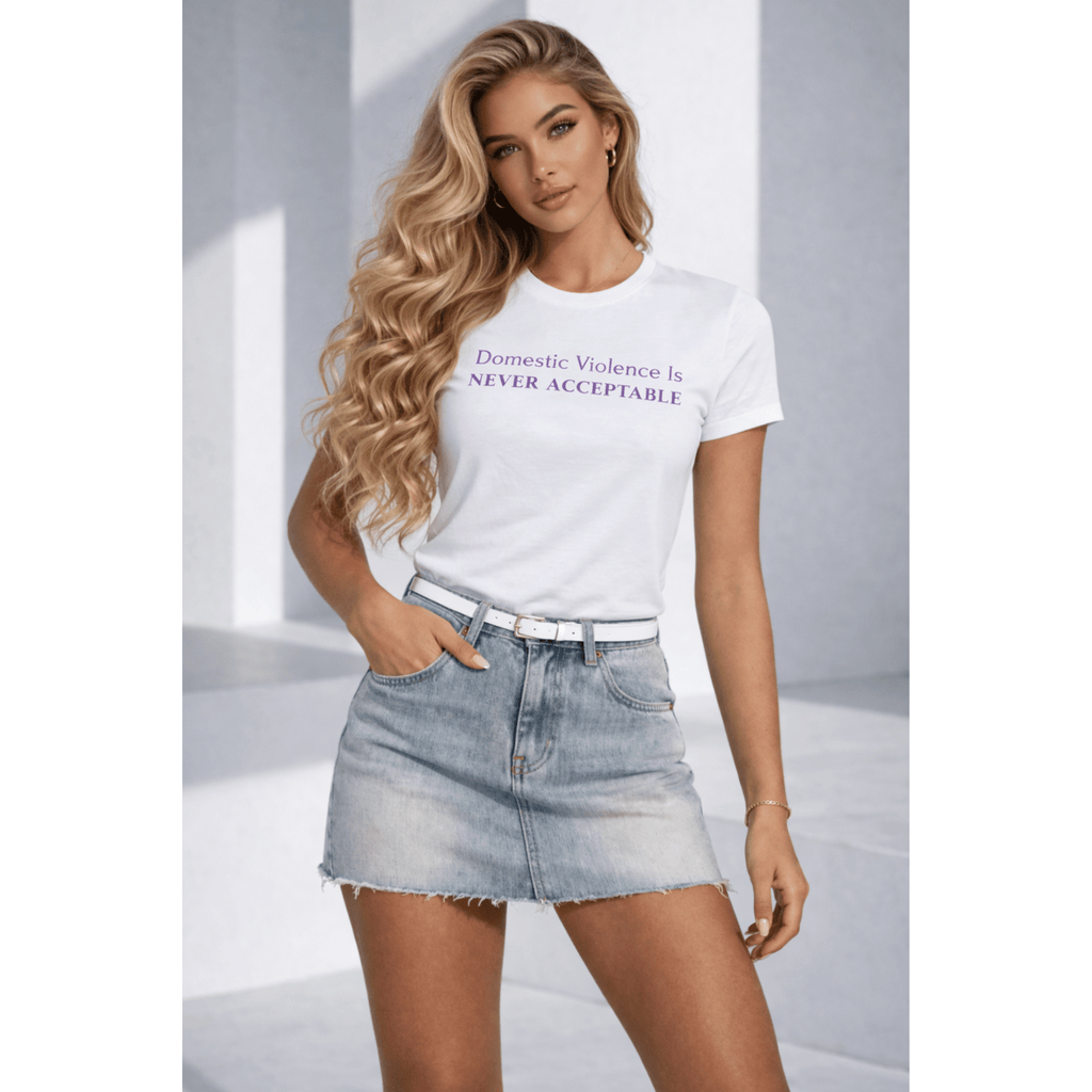 Woman styled in denim skirt wearing domestic violence awareness graphic t-shirt by Relatable Designs