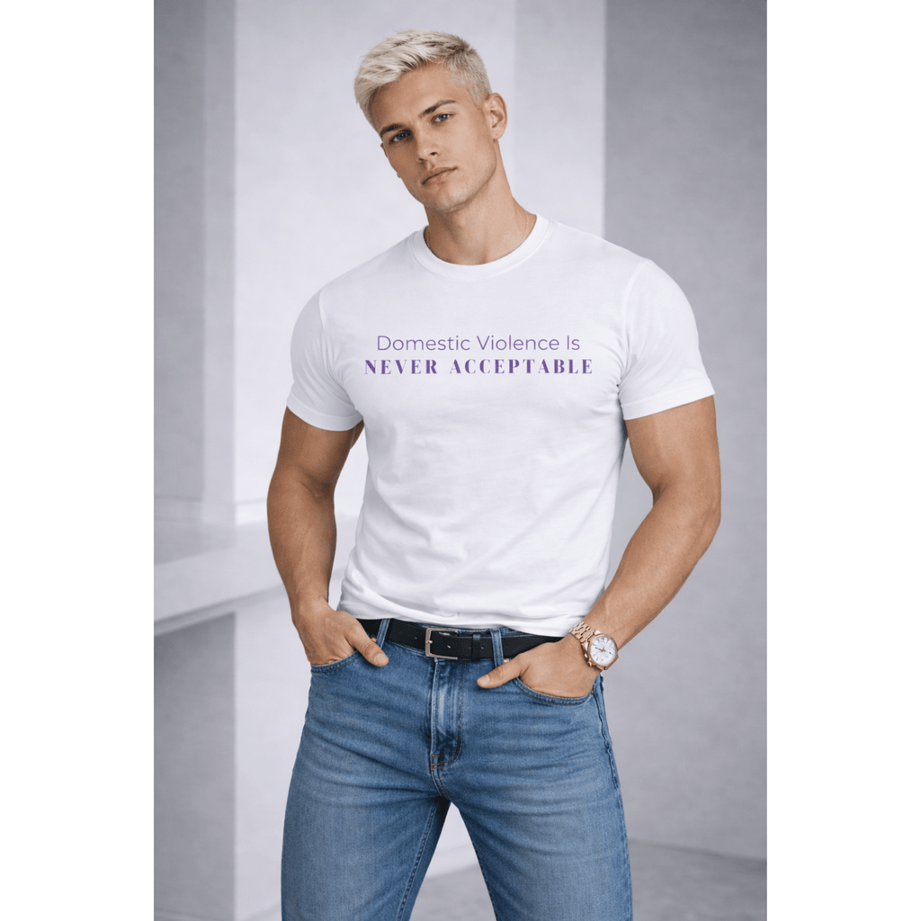 Male model wearing white domestic violence awareness t-shirt, unisex fit by Relatable Designs