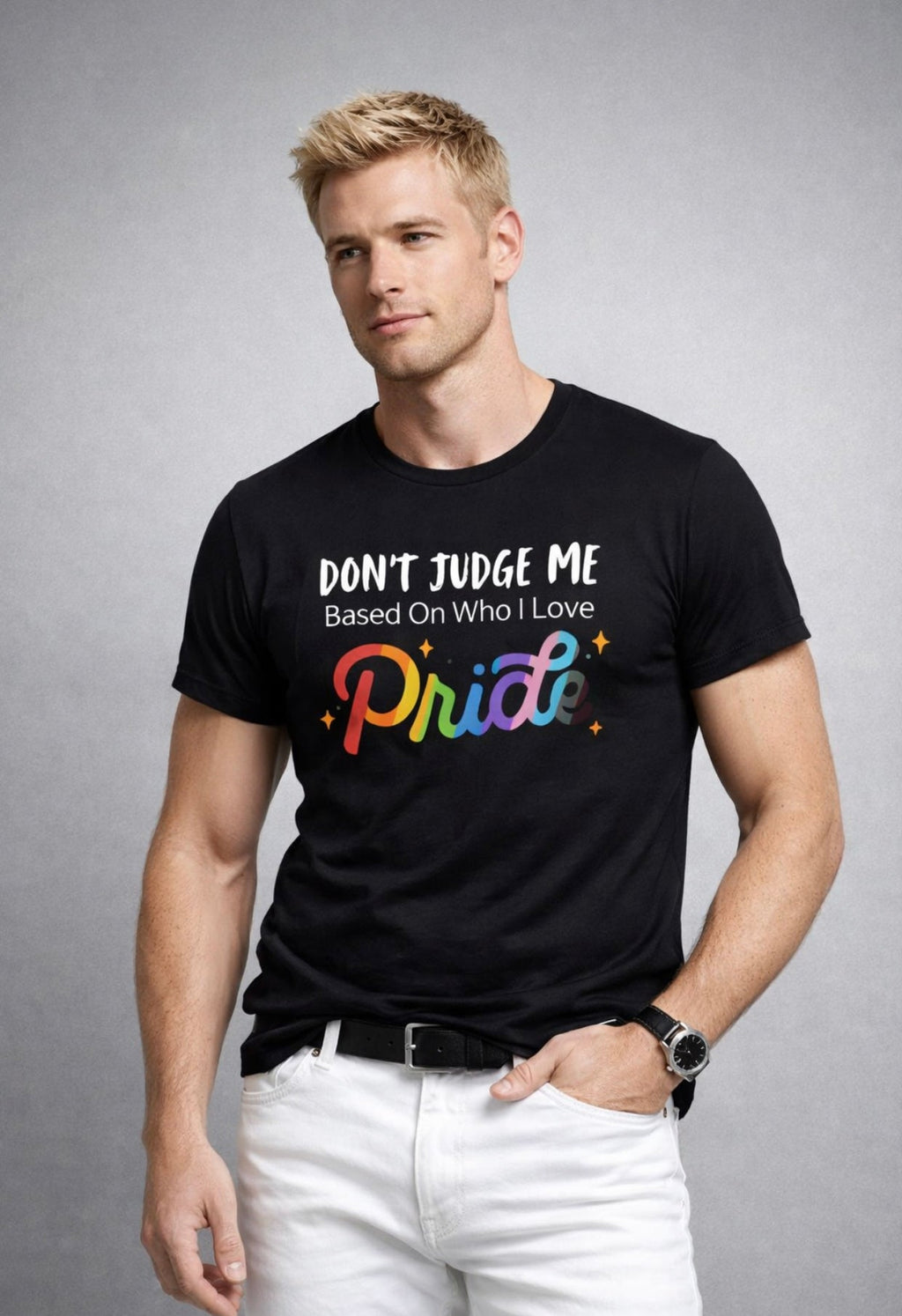 Relatable Designs black graphic t-shirt "Don't Judge Me – Pride" rainbow statement tee styled with jeans men's fashion editorial mock-up
