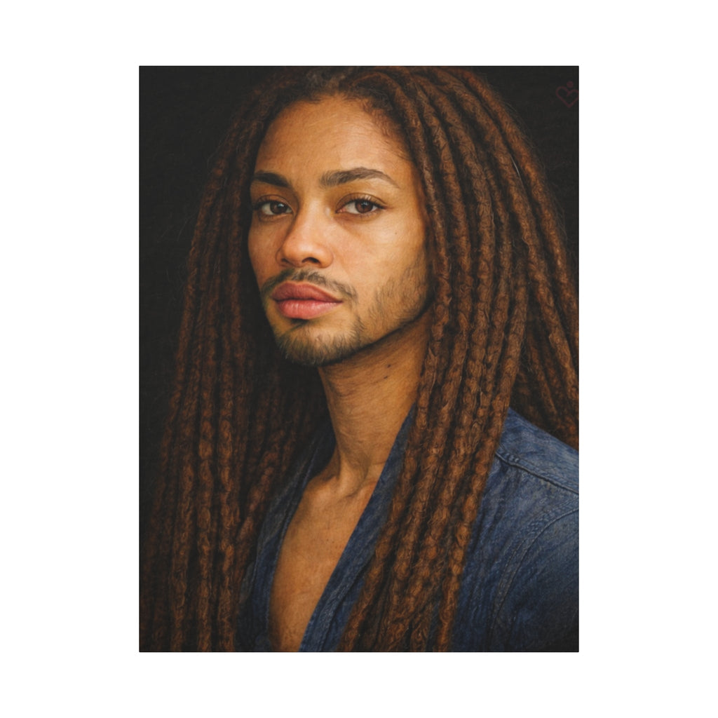 Duality Wall Art. Model with long braided hair wearing a denim shirt on a white background by Relatable Designs