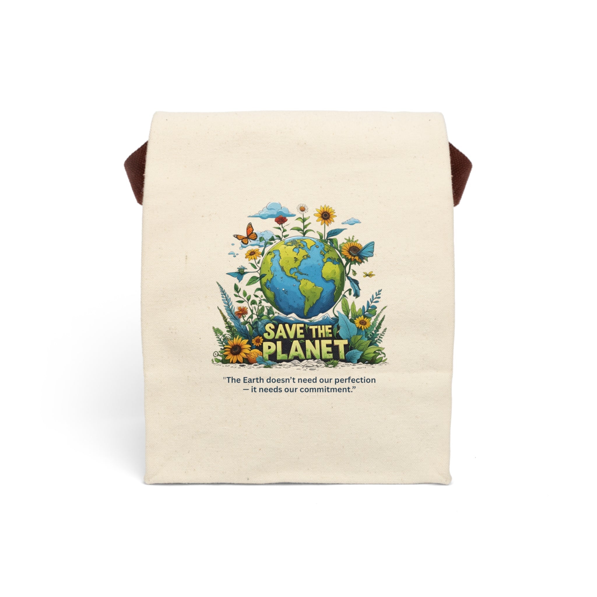 Beige tote bag with 'Save the Planet' design featuring Earth and flowers on a white background by Relatable Designs.