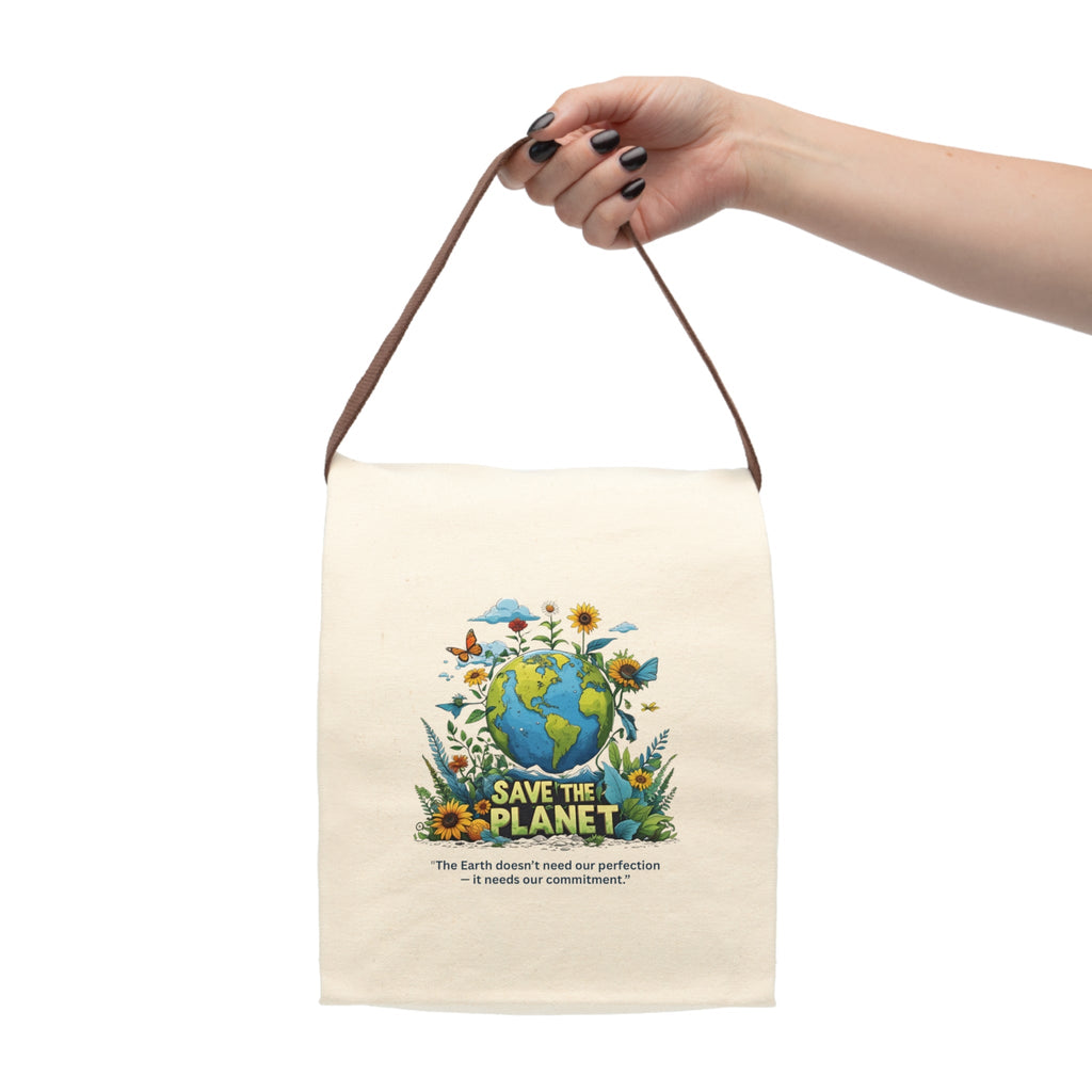 Tote bag with 'Save the Planet' design held by a hand on a white background