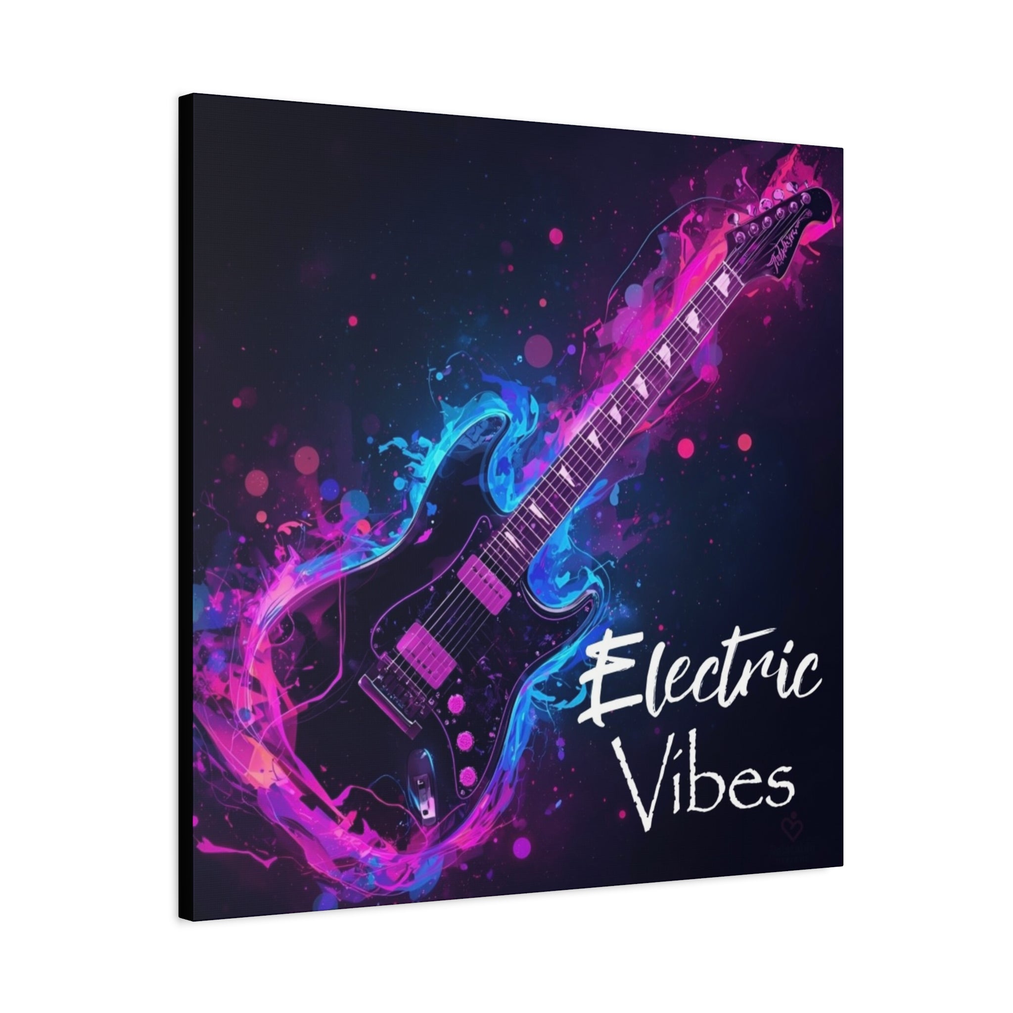 Canvas print of a colorful electric guitar with 'Electric Vibes' text on a dark background.