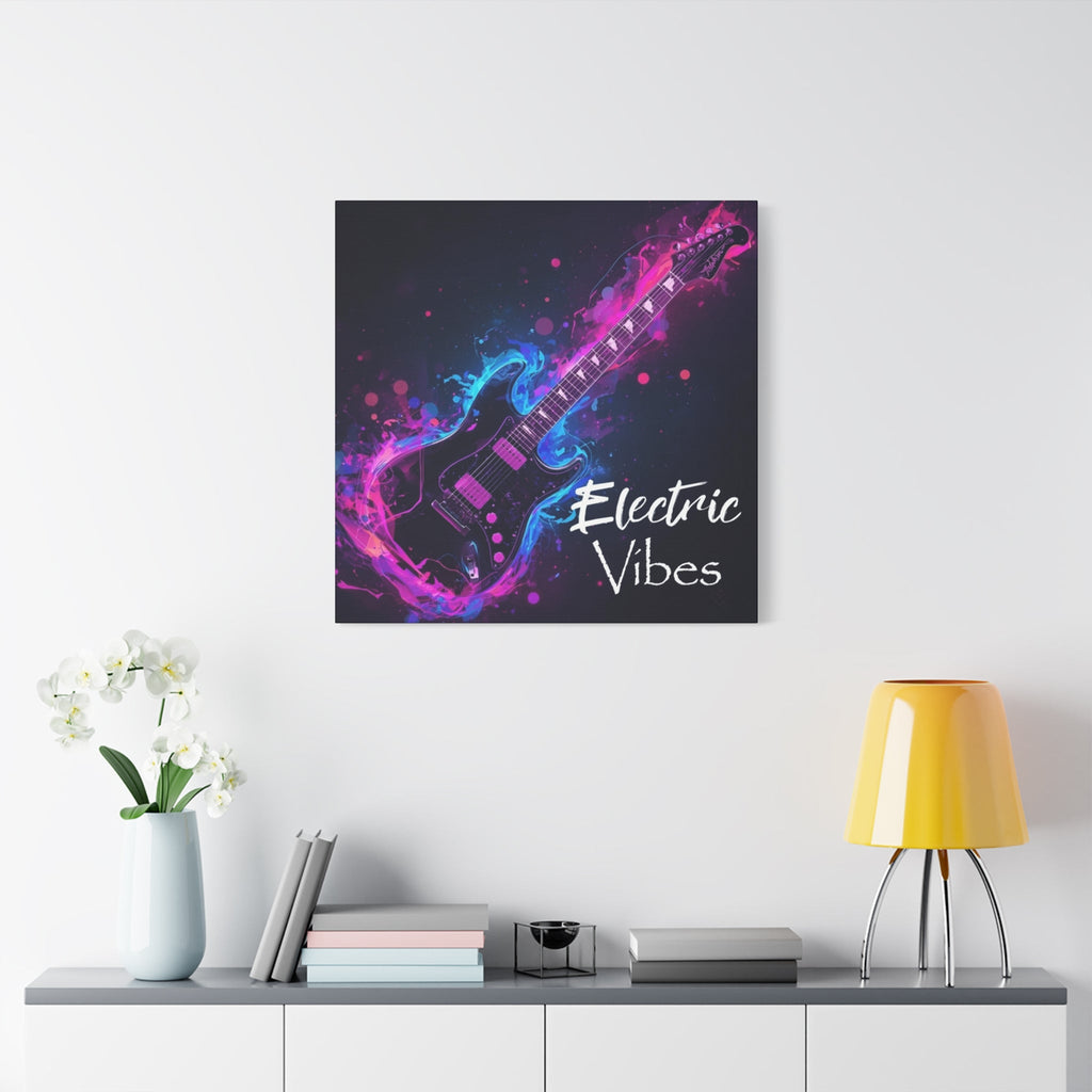 Colorful pink and blue guitar painting titled 'Electric Vibes' on a wall above a shelf with decor items.