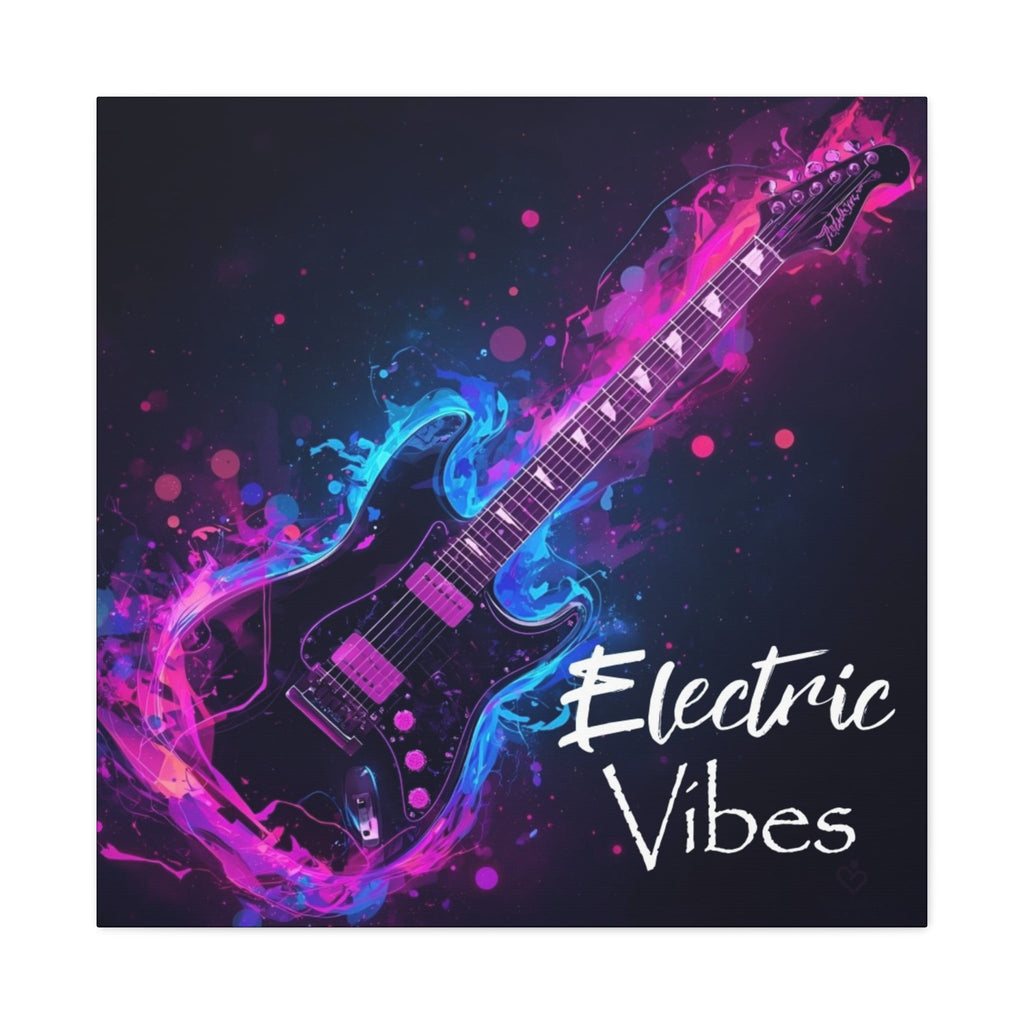 Colorful electric guitar illustration with 'Electric Vibes' text on a dark background by Relatable Designs.