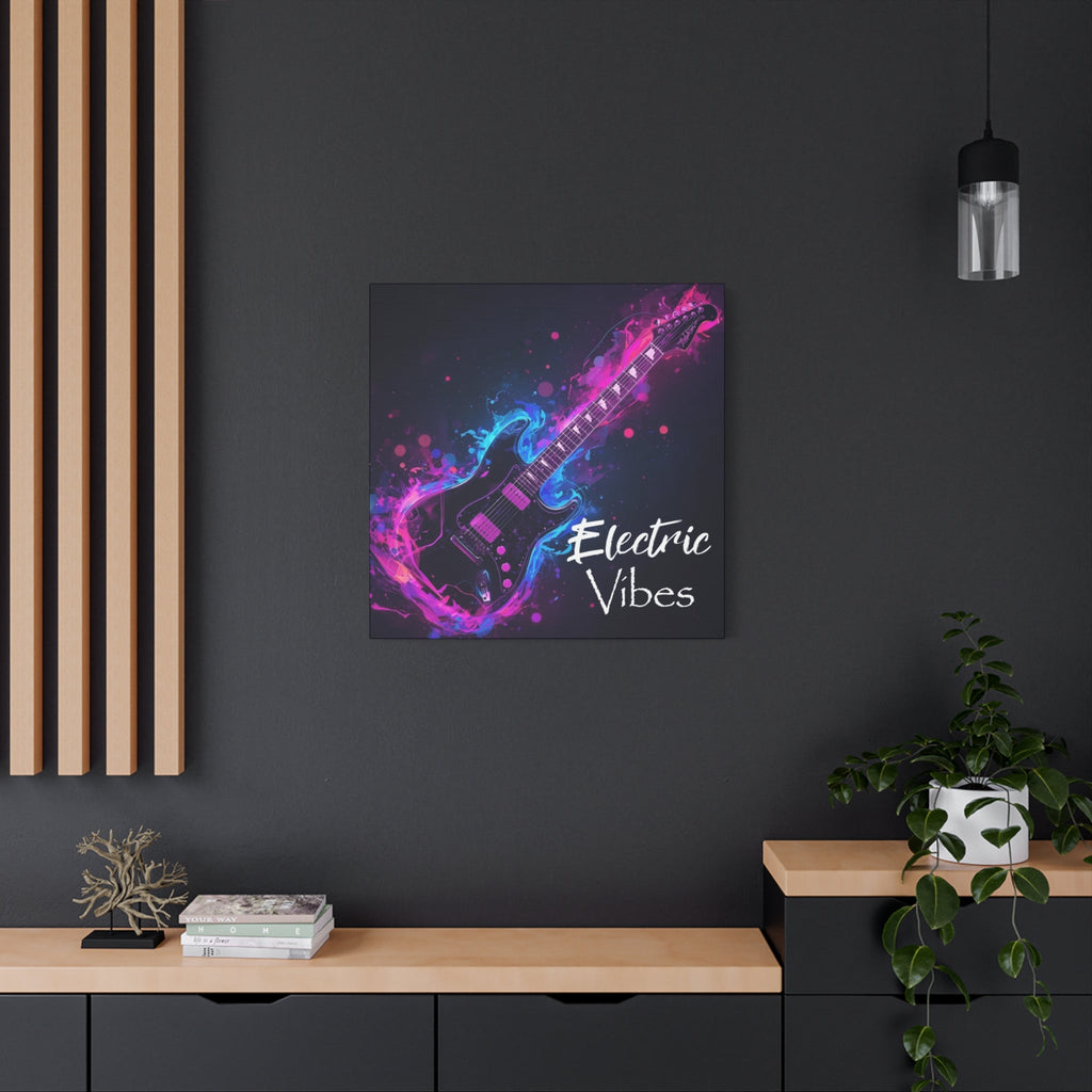 Framed electrifying artwork of a colorful electric guitar with 'Electric Vibes' text on a dark wall.