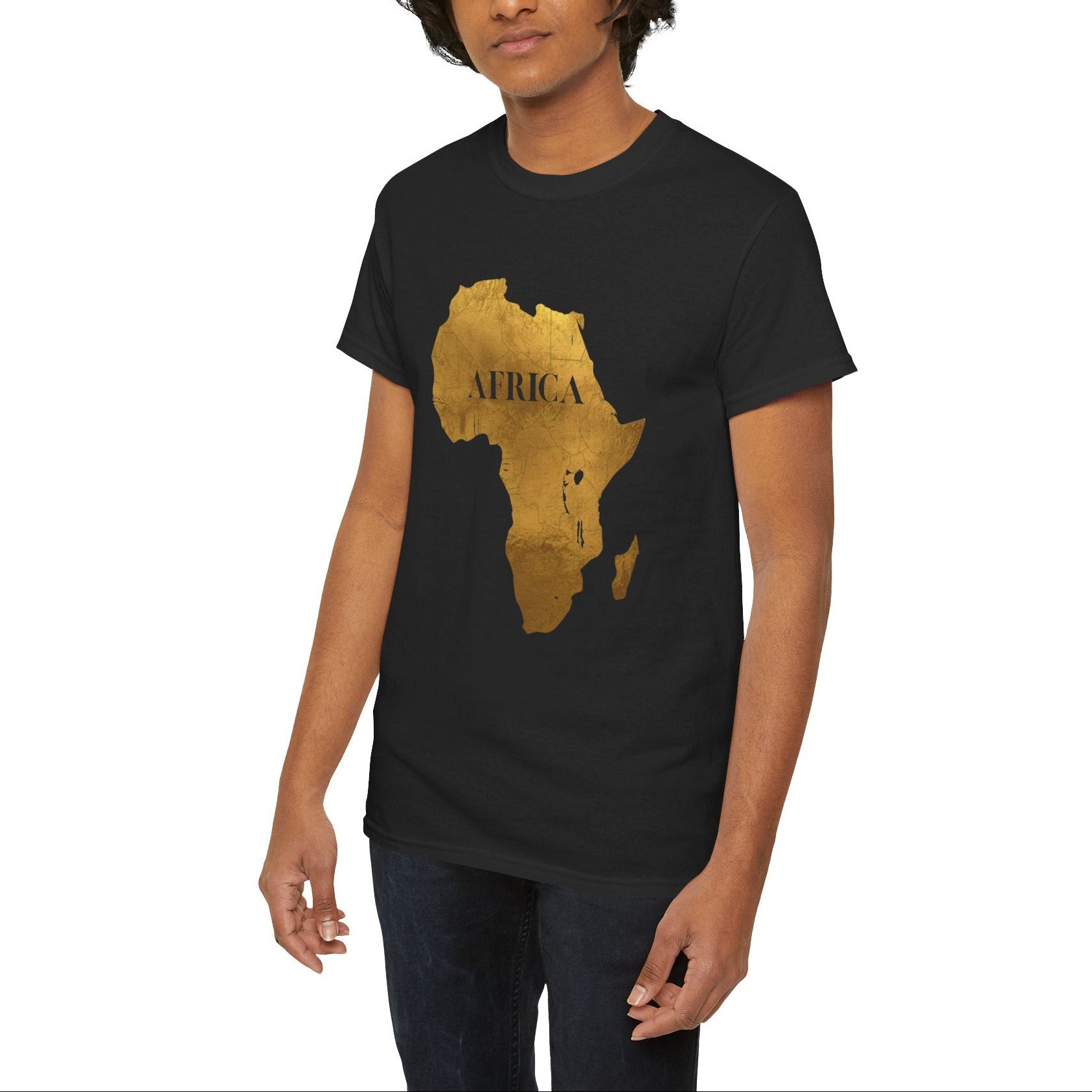 Person wearing a black t-shirt with a gold 'Africa' map design on a white background