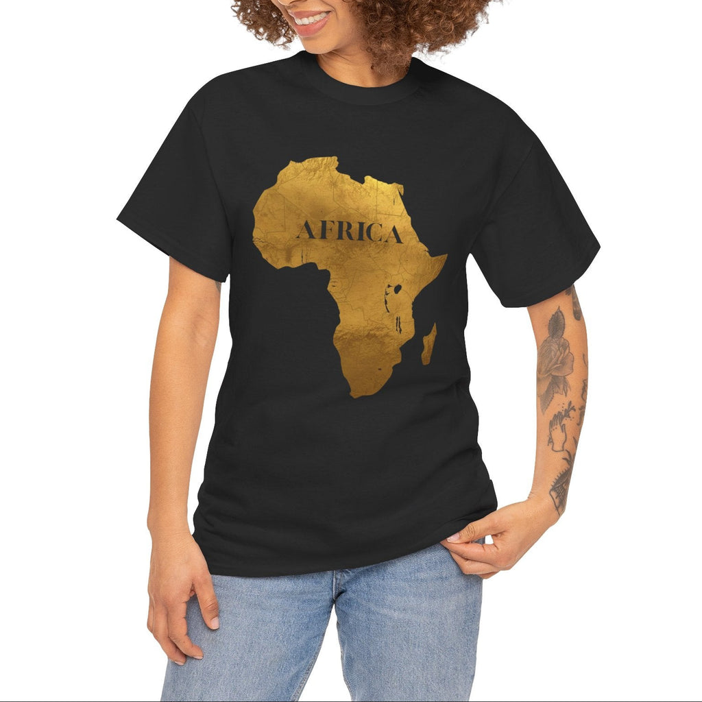 Woman wearing a black t-shirt with a gold Africa map design with black text on a white background.