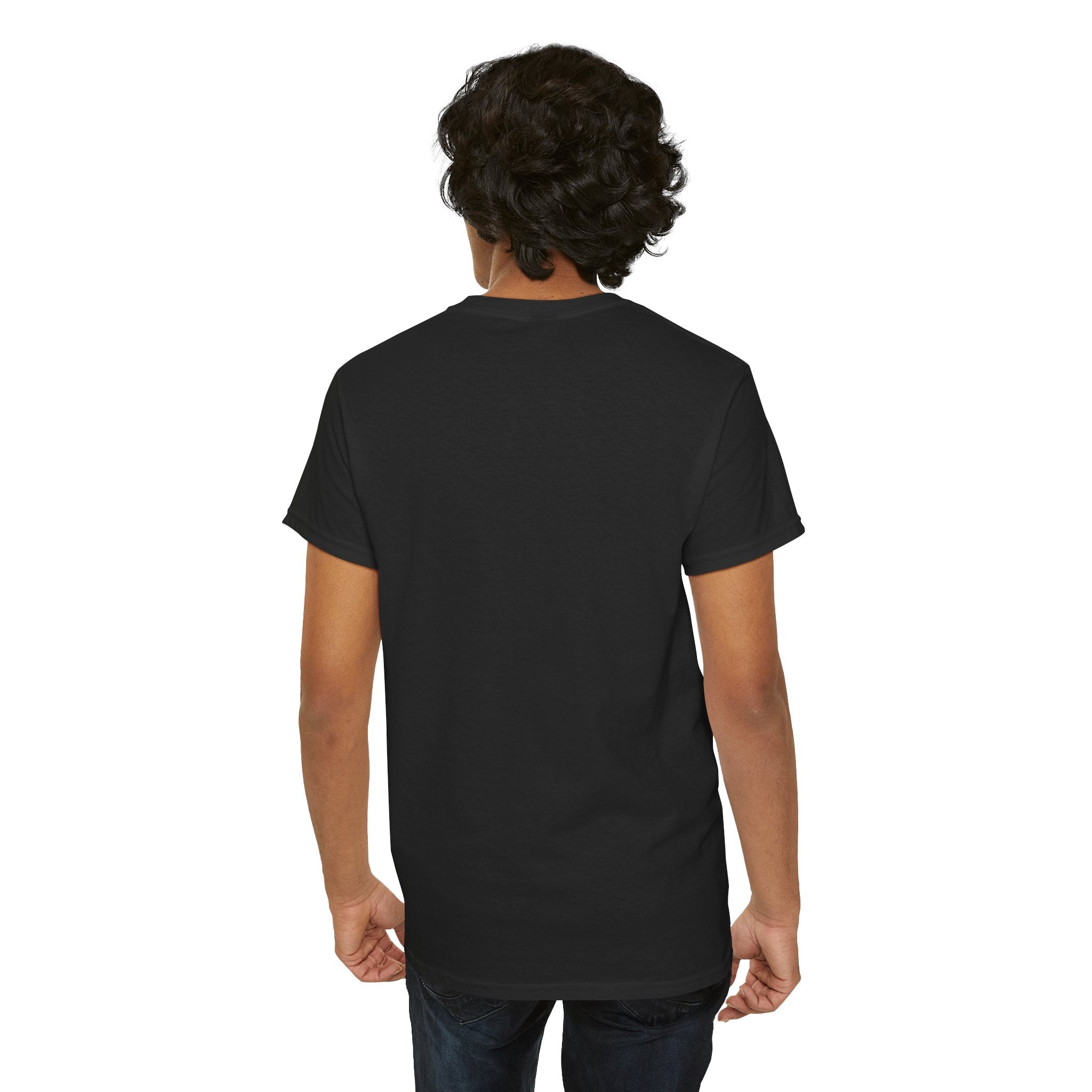 Back view of person wearing a black t-shirt with gold Africa map on a white background
